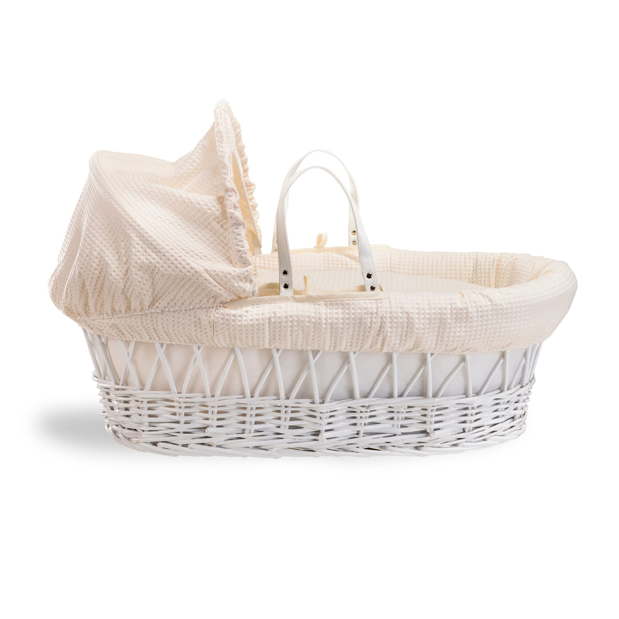 Clair de Lune Cesta in vimini bianco a nido d'ape e supporto a dondolo deluxe bianco con 1 cappuccio regolabile e rimovibile, 2 maniglie per il trasporto, copriletto e 1 materasso rigido in fibra