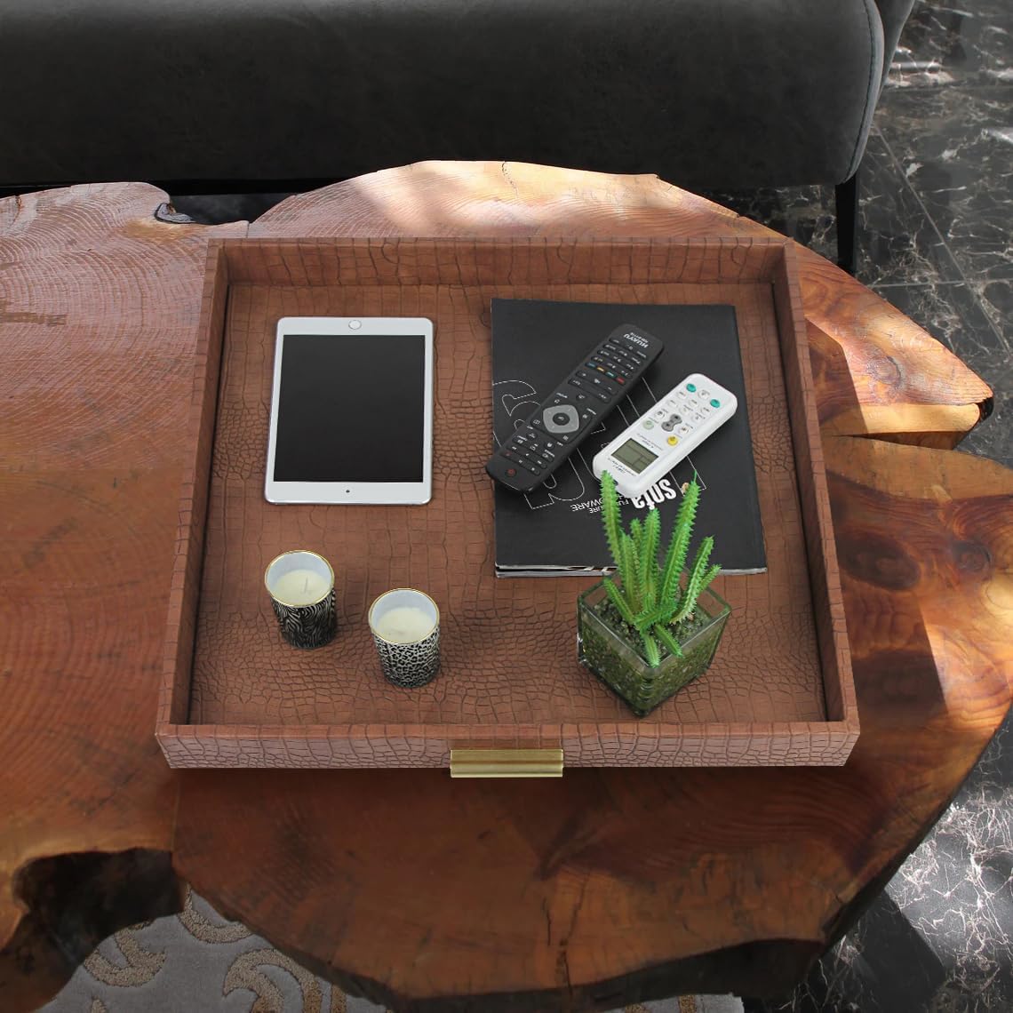 HofferRuffer Elegant Decorative Serving Tray, 20"x20" Square Faux Leather Ottoman Tray with Gold Hardware Handles, Coffee Table Serve Tea Coffee or Breakfast (Antique Brown) - Image 7