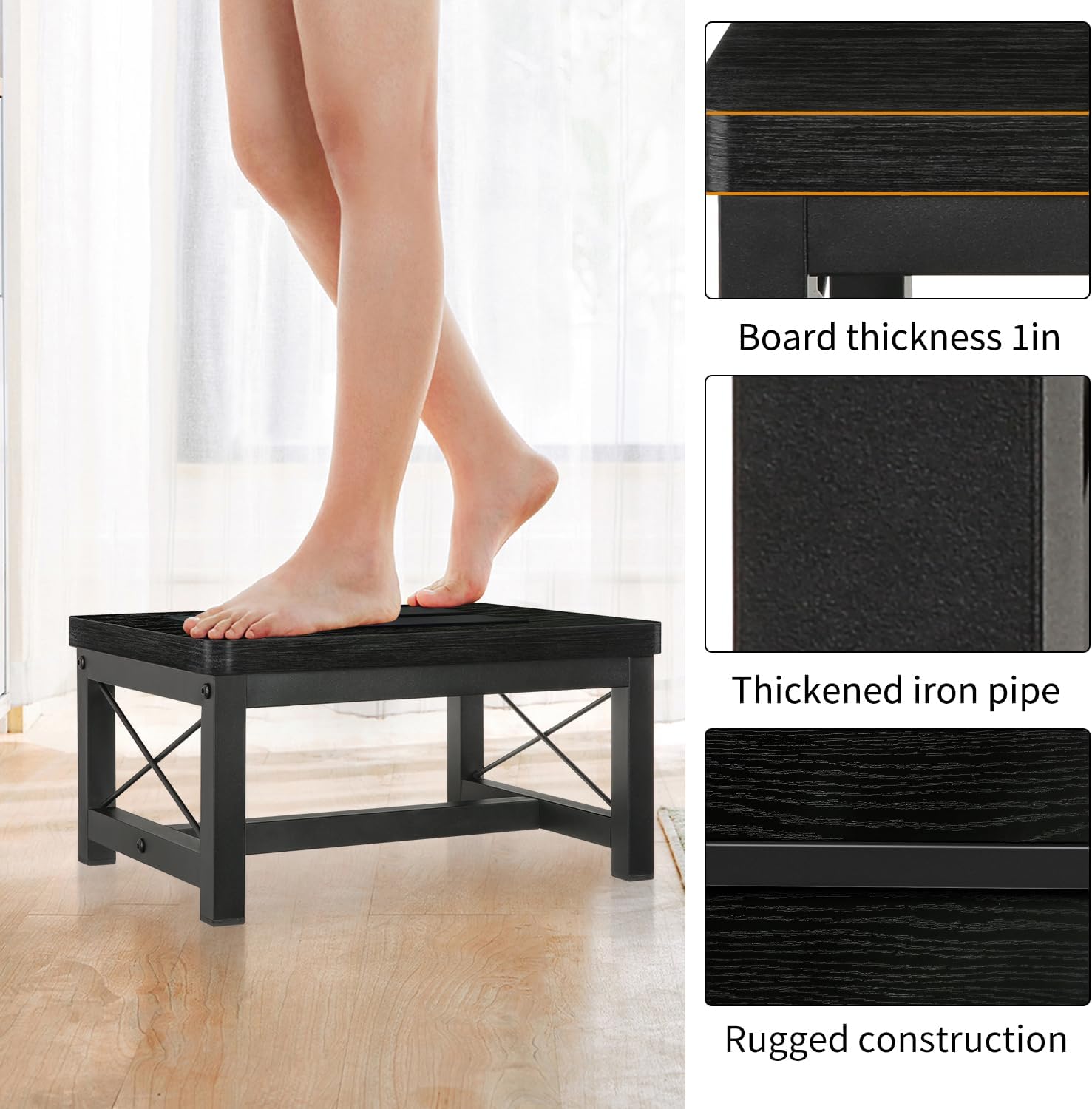 YINMIT Wooden Step Stool for Adults, Heavy Duty Step Stool with Non-Slip Feet, Bed Steps for High Beds for Adults, Wide Stepping Stool for Bedroom Kitchen, Hold Up to 500 LBS, Black