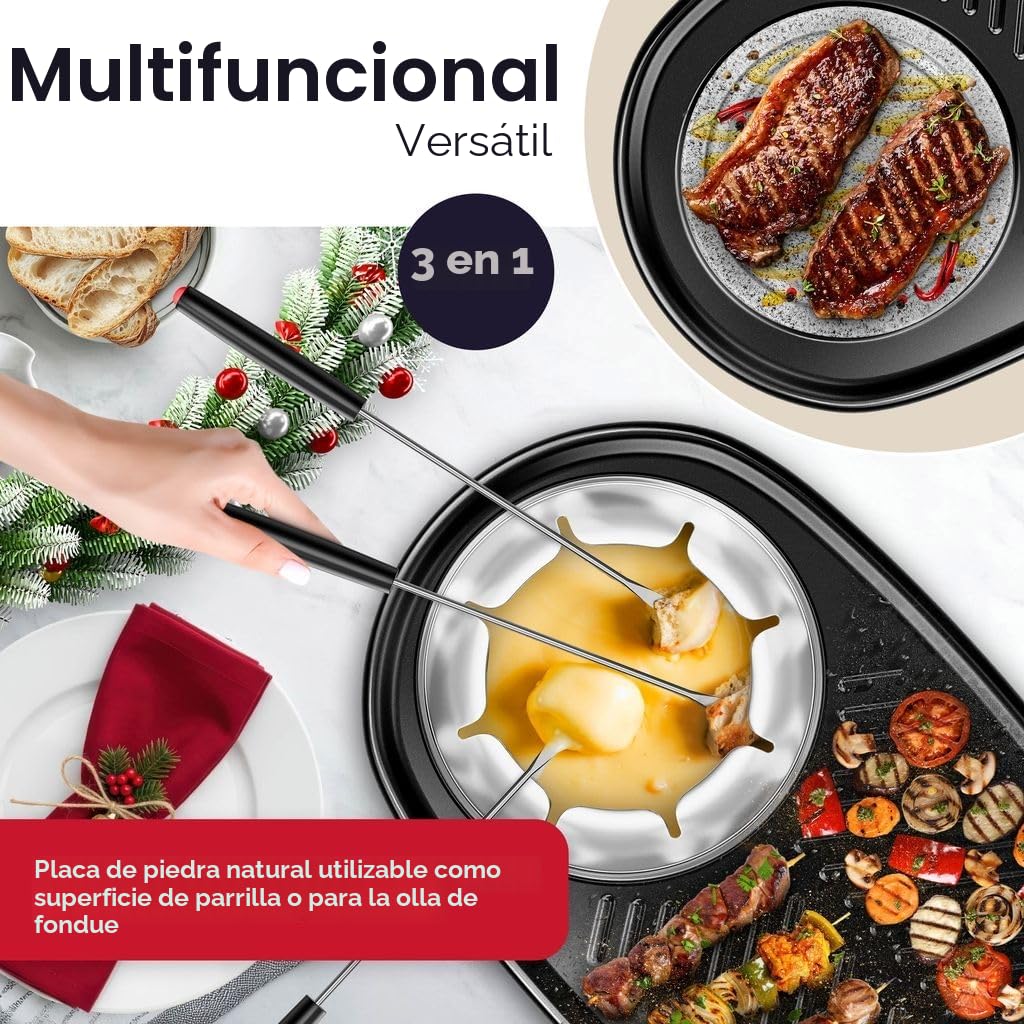 KESSER® 3 en 1 Raclette grill con piedra natural antiadherente, placa de parrilla y fondue, parrilla eléctrica de mesa para 8 personas.