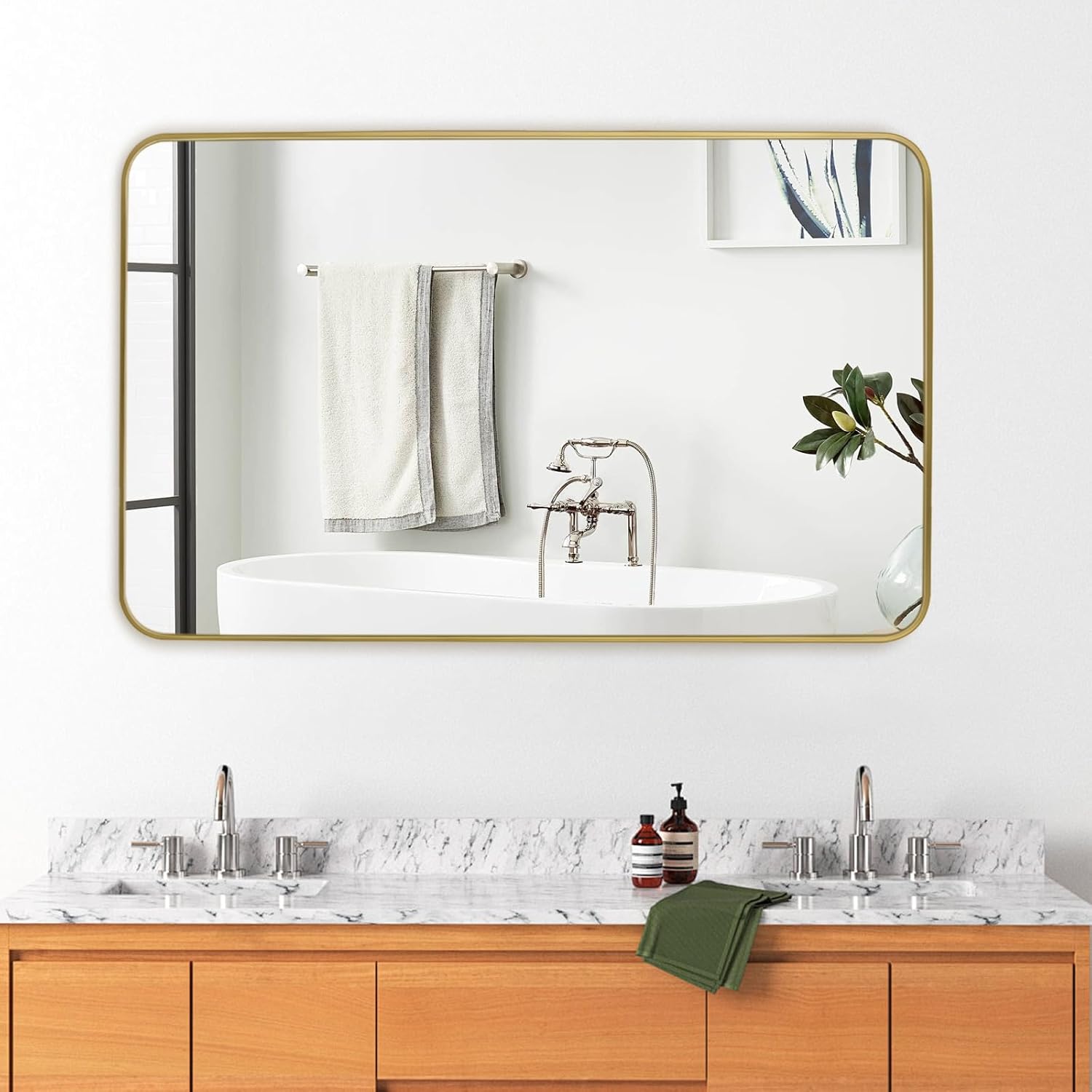 Gold Wall Mirror for Bathroom 30X48 Inch Stainless Steel Metal Frame Bathroom Vanity Mirror Rounded Rectangle Mirror Rustproof