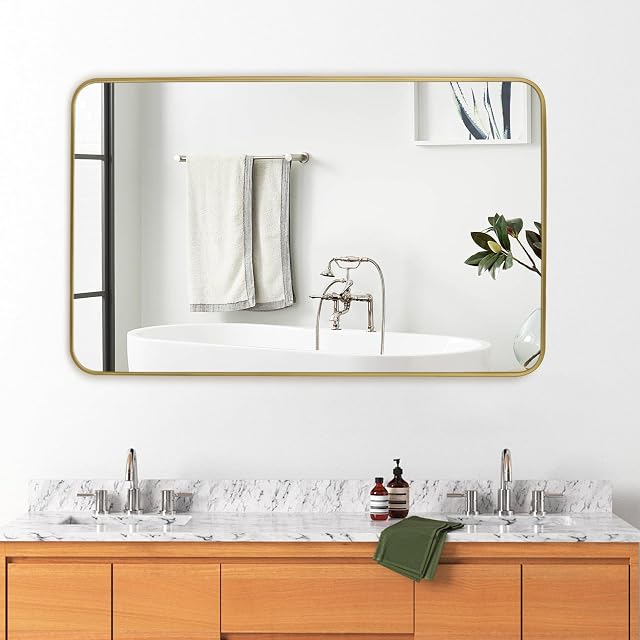 Gold Wall Mirror for Bathroom 30X48 Inch Stainless Steel Metal Frame Bathroom Vanity Mirror Rounded Rectangle Mirror Rustproof