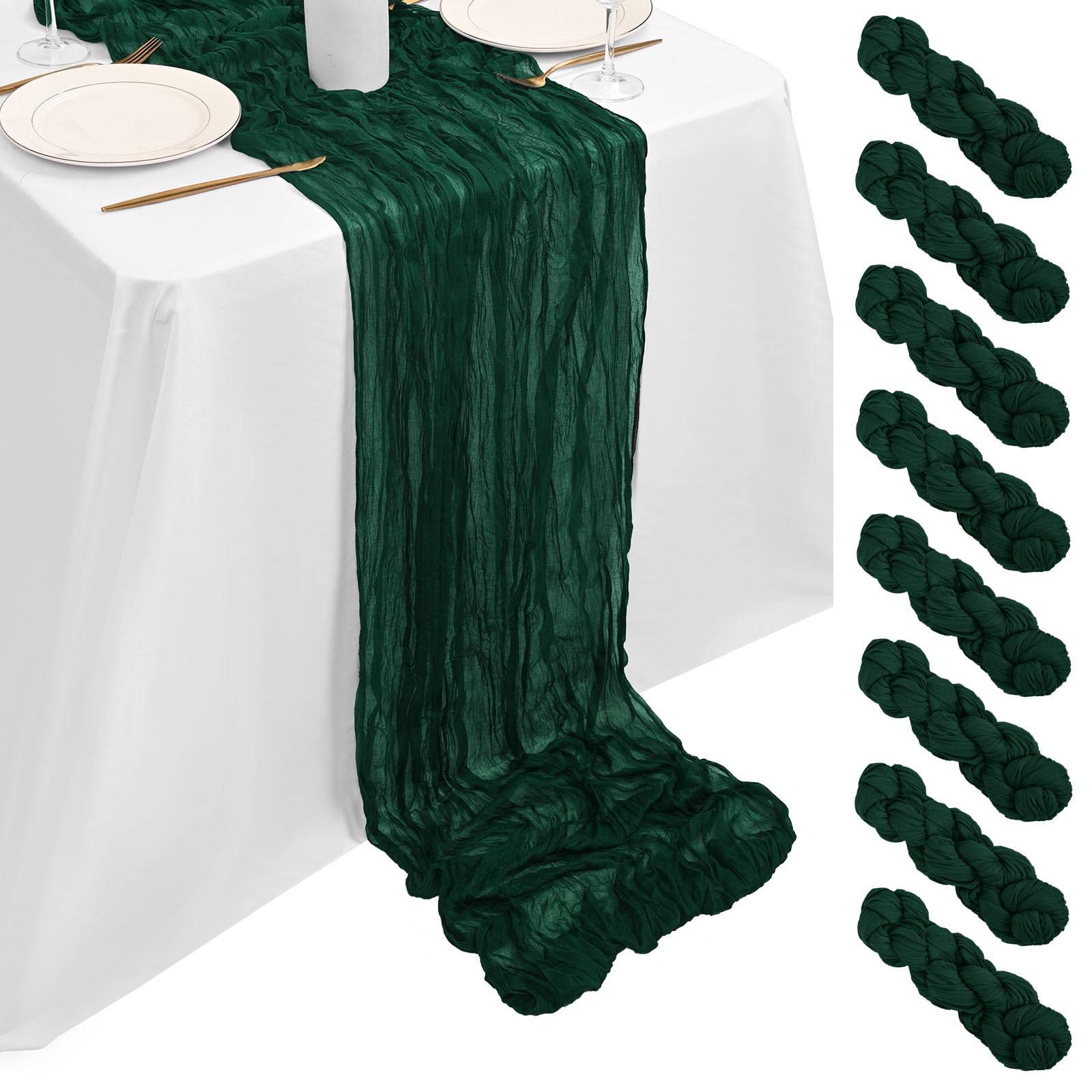 8 Pack Dark Green Cheesecloth Table Runner 10FT, Dark Green Cheese Cloth Table Runner Rustic Gauze Fabric Sheer Boho Wedding Table Decoration for Wedding Reception Bridal Shower Baby Shower(90x300cm)