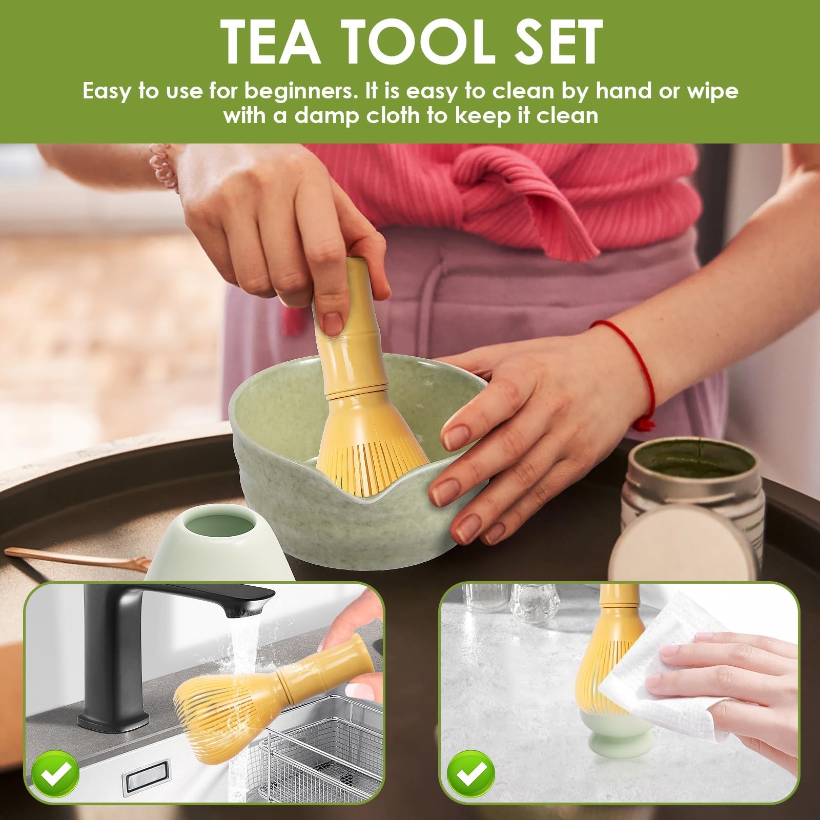 Juego de 5 batidores de matcha. Práctico juego de matcha. Incluye soporte for batidor, batidor de matcha, colador, cuchara for té y cuchara for té. Preparación de matcha. Juego de Té Matcha