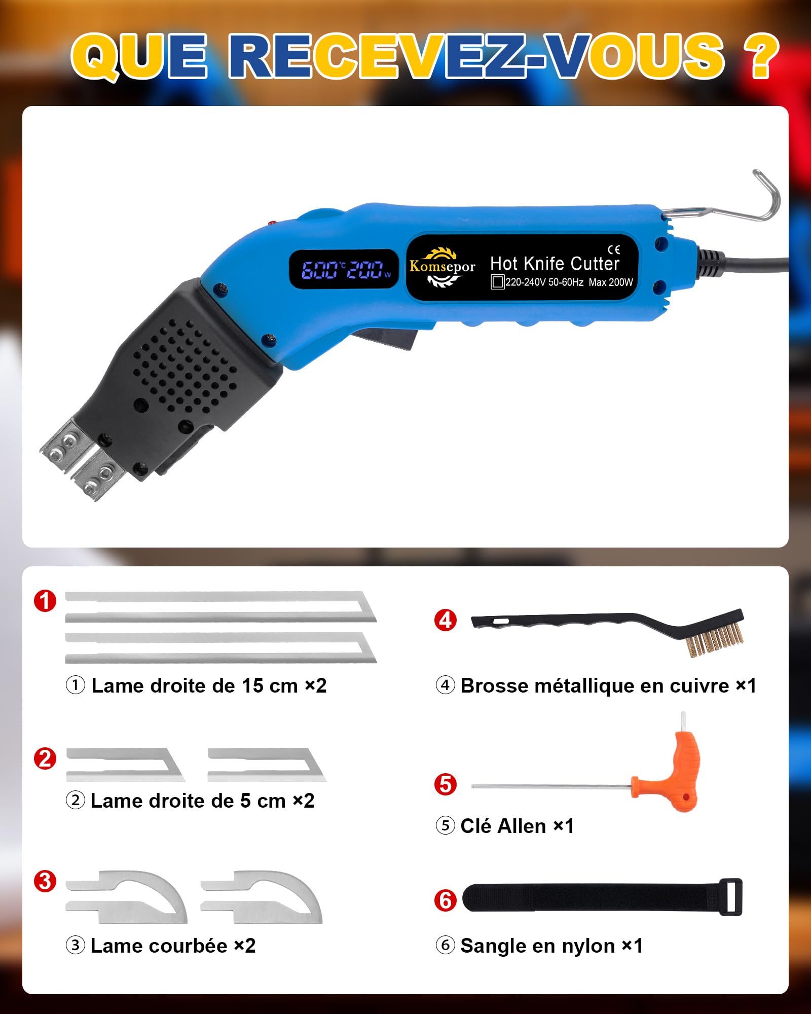 Komsepor 200W Couteau Électrique à Chaud Découpeur de Mousse avec 4 Lames en Nickel-Chrome 0-600℃ 220-240V avec Système de Refroidissement (Affichage de la température + puissance réglable)