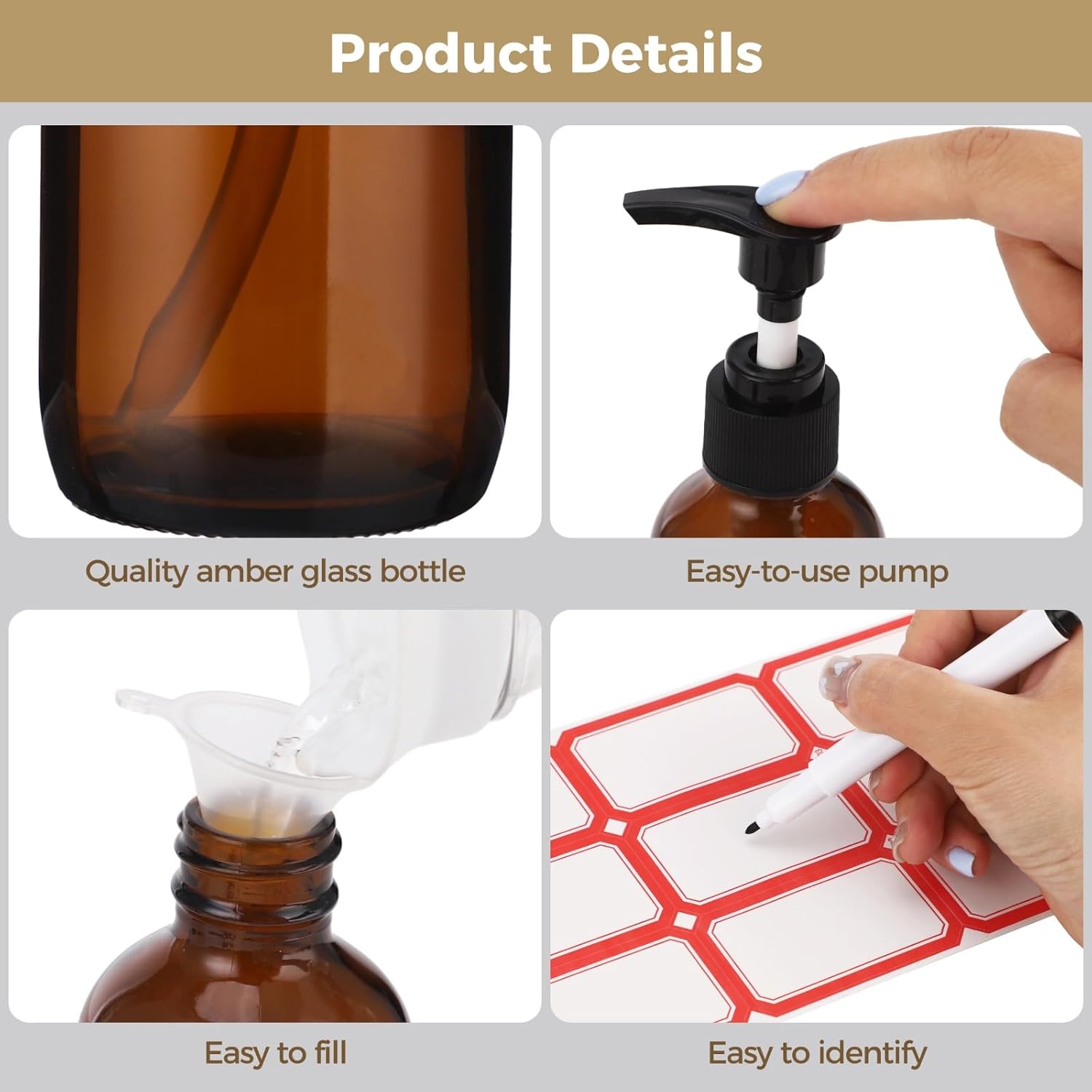 15 Pcs Amber Glass Pump Bottles - 4 oz Refillable Amber Travel Bottles Dispenser Set with Press Pumps, Includes 3 Funnels, 5 Label Sheets & Pen, Refillable Glass Containers for Lotions