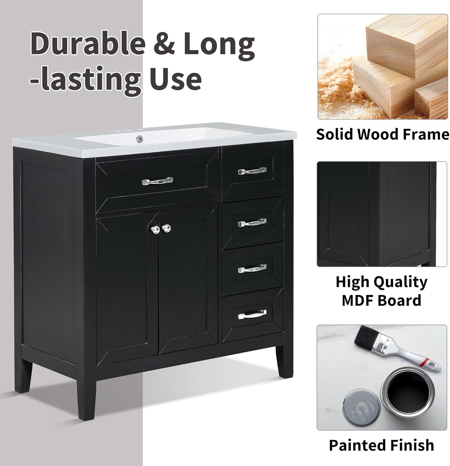 36" Bathroom Vanity Without Sink, Base Only,Solid Wood Cabinets Basin Vessel Set with 3 Drawers,Water, Stain Proof,Ample Enclosed Storage Spaces,Black