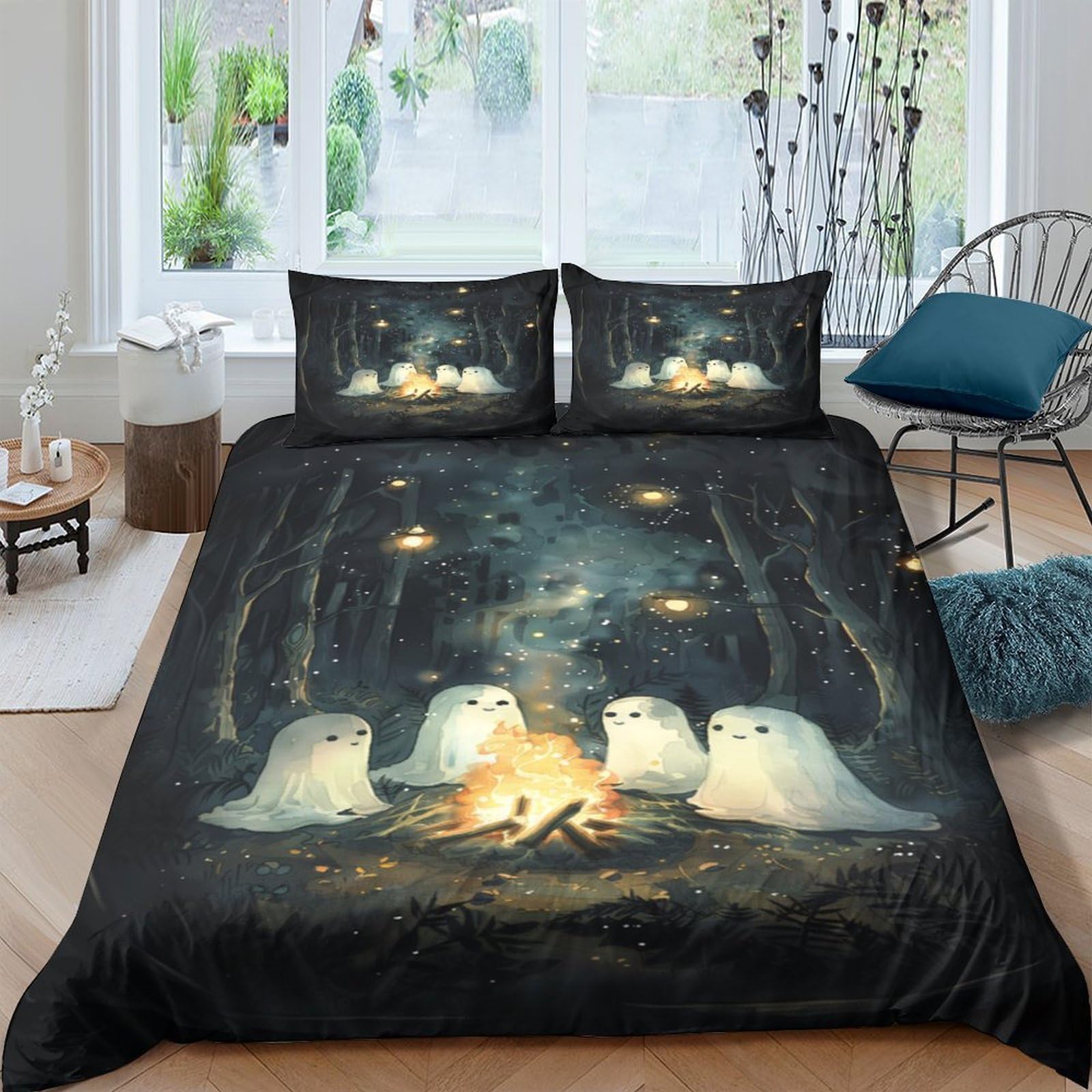 Ctjqhvkz Style-4 3D Printed Ghost Campfire Fitted Sheet Microfiber Soft Washable Forest Night Mattress Cover For Bedroom Dorm Decor Single（135X200cm）