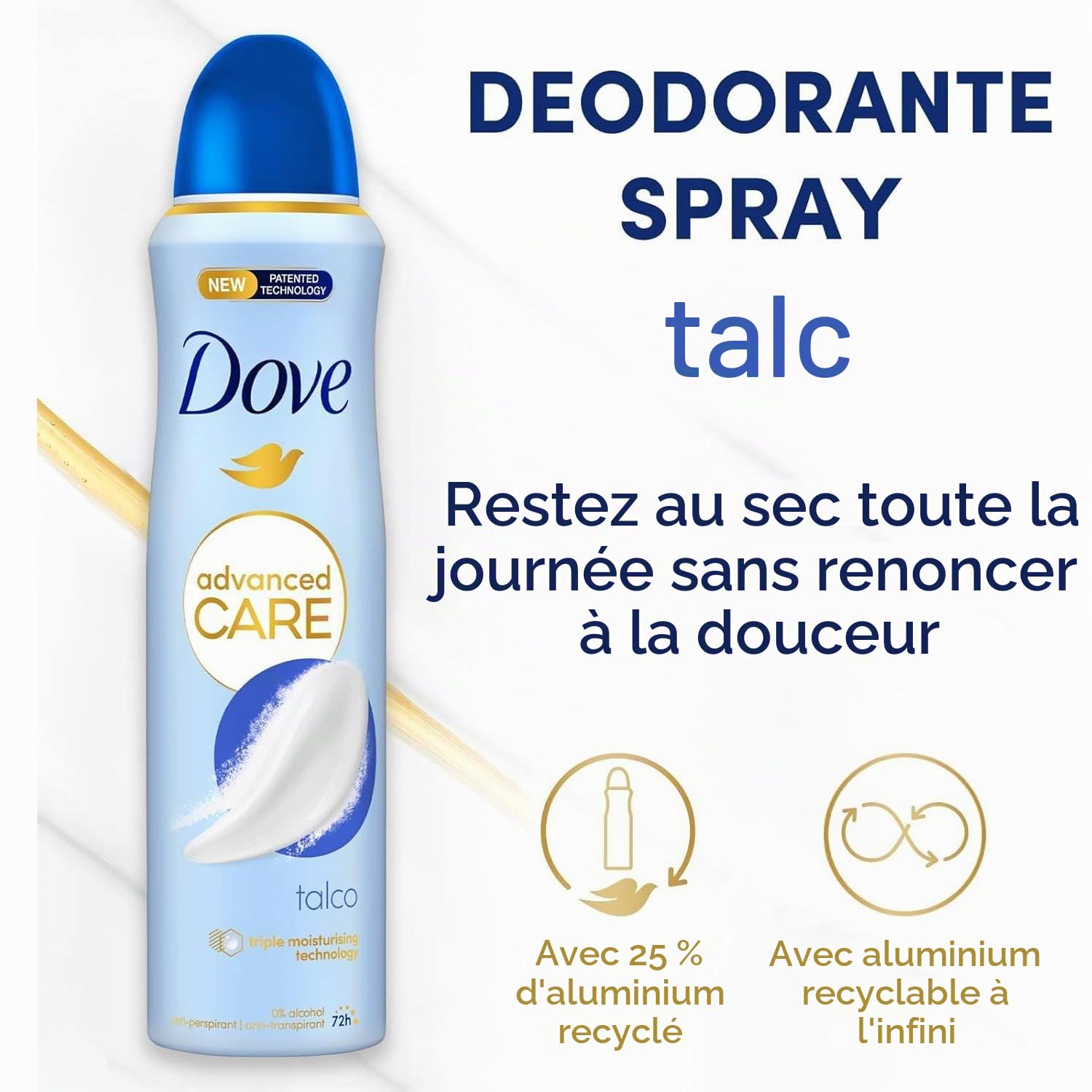 Dove Persona Lot de 6 flacons de déodorant en spray Au talc Classique 150 ml