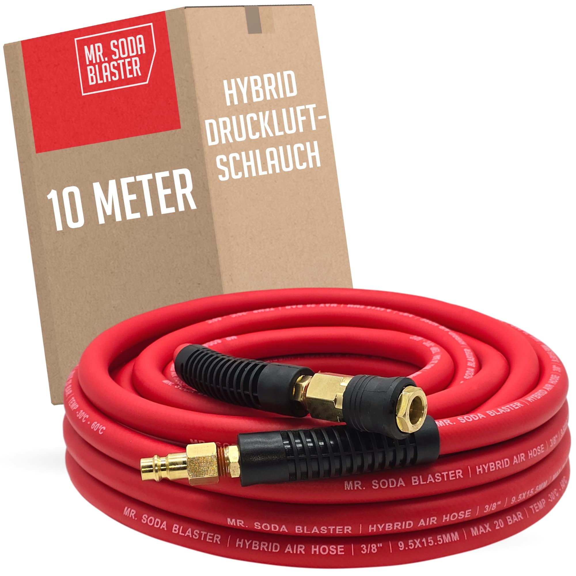 Flexible compressed air hose, 10 metres, suitable for compressors, 9.5 x 15.5 mm, robust PVC/rubber mixture, sturdy brass couplings, PVC kink protection, max. 20 bar