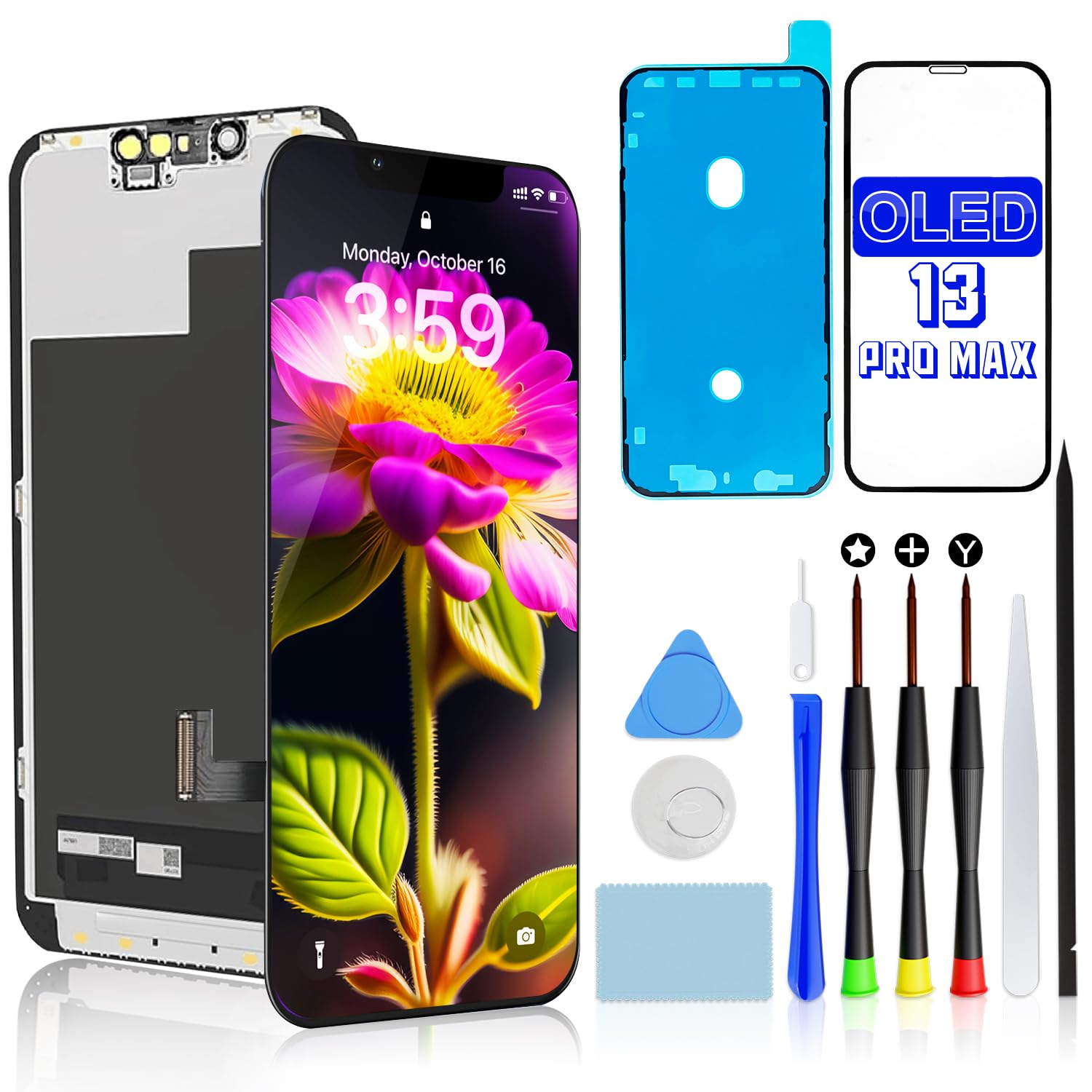 Soft OLED Display per iPhone 13 Pro Max 6,7" FHD COP Sostituzione Digitizer | Schermo Retina COP Full HD Digitizer, Face ID, Uso Con Occhiali Da Sole, Include Kit Attrezzi, Vetro e Sigillo Impermeabile