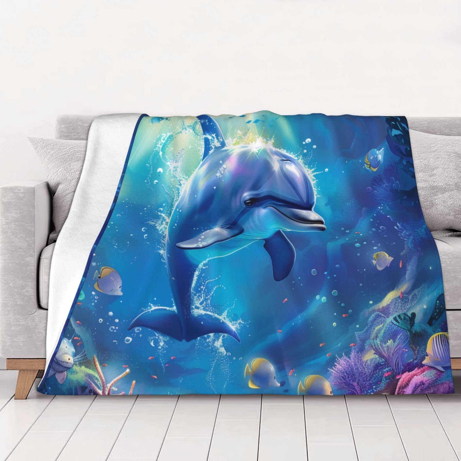 AUBKFELD cute Dolphin Printed Flannel Blanket 150x125 CM, Soft & Warm Throw Blanket for Sofa/Couch/Bed/Car, Gifts for Audlts Women Men