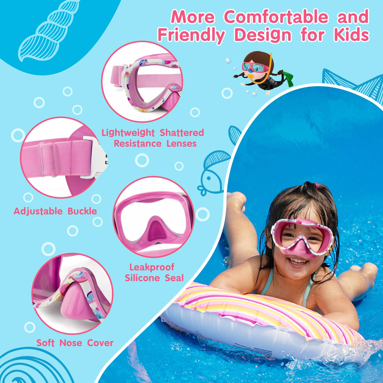 iGym Occhialini da nuoto per bambini, anti appannamento, con copertura per il naso, senza perdite, maschera trasparente per immersioni con boccaglio 180 gradi