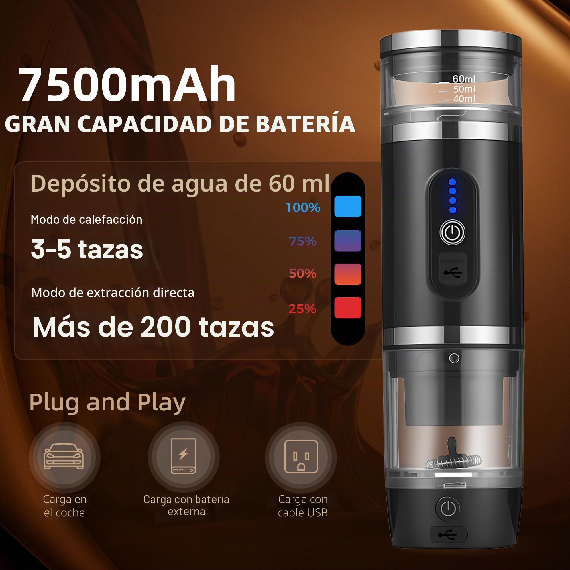 Máquina de café portátil 3 en 1 con espumador de leche, máquina de café expreso con cápsulas 20 bar y café molido para oficina, coche, camping, senderismo, viajes, Navidad, cumpleaños, negro