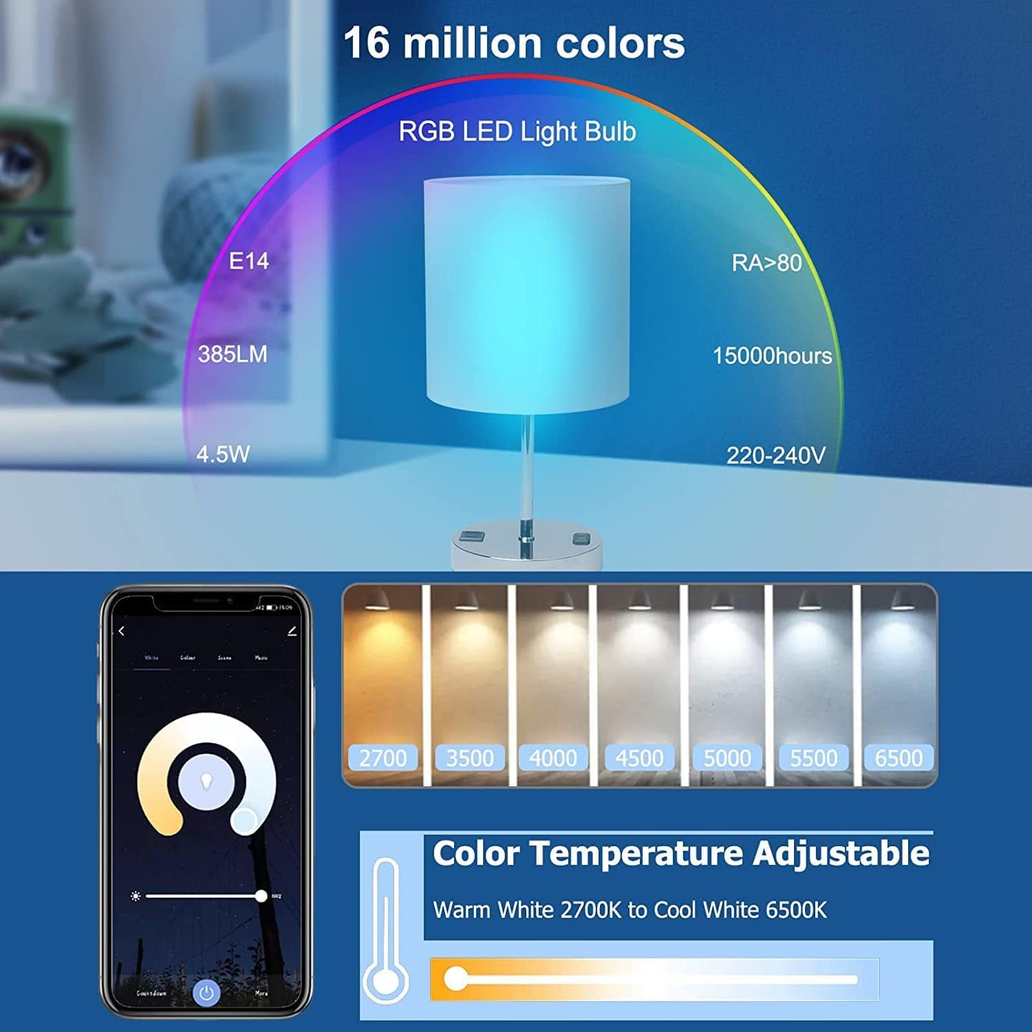 ANTELA Lampadina Alexa E14 Wifi, Dimmerabile Lampadina Smart, RGBW bianco freddo caldo, compatibile con Alexa/Google Home, 8 pezzi