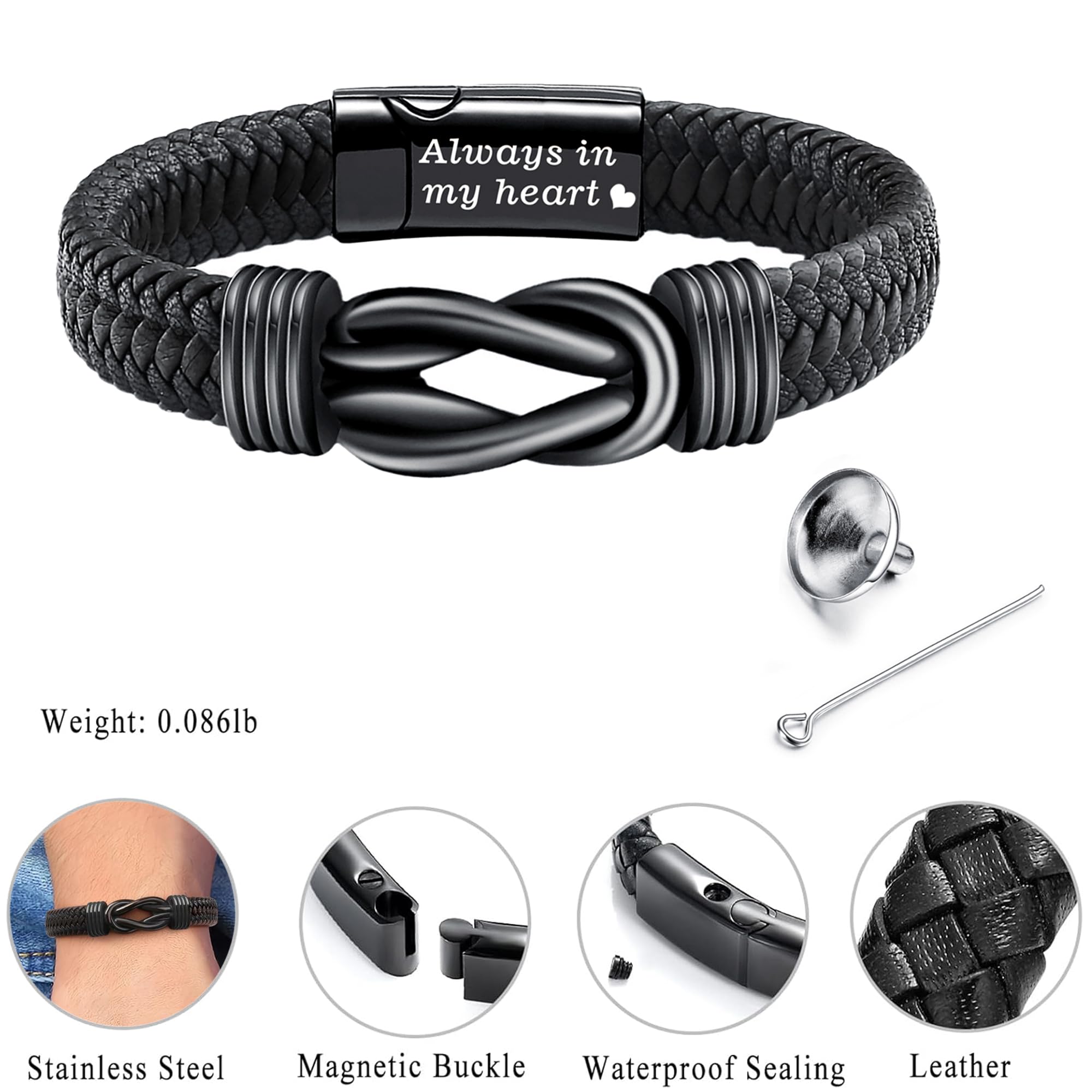 Pulsera de urna para cenizas humanas, pulsera de cuero con nudo de cremación, pulsera de acero inoxidable para recuerdo, joyería para hombres, Acero inoxidable, No es una piedra preciosa 2