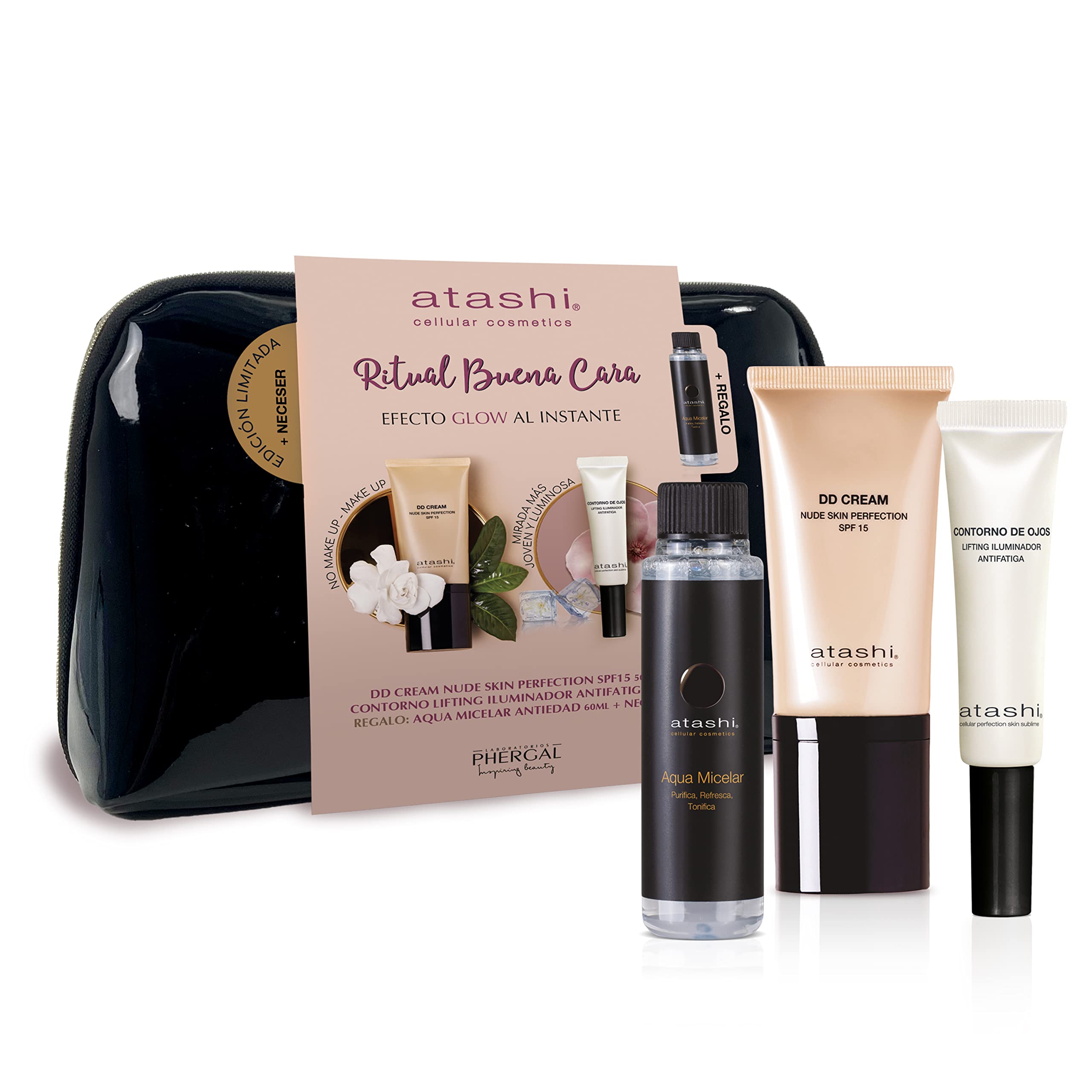 Atashi | DD Cream Nude Skin Perfection + Augenkontur Lifting Illuminating + Antialterung Mizellenwasser | Reduziert Falten, Lifting-Effekt | Reduziert Tränensäcke | Reinigenden, Beruhigenden