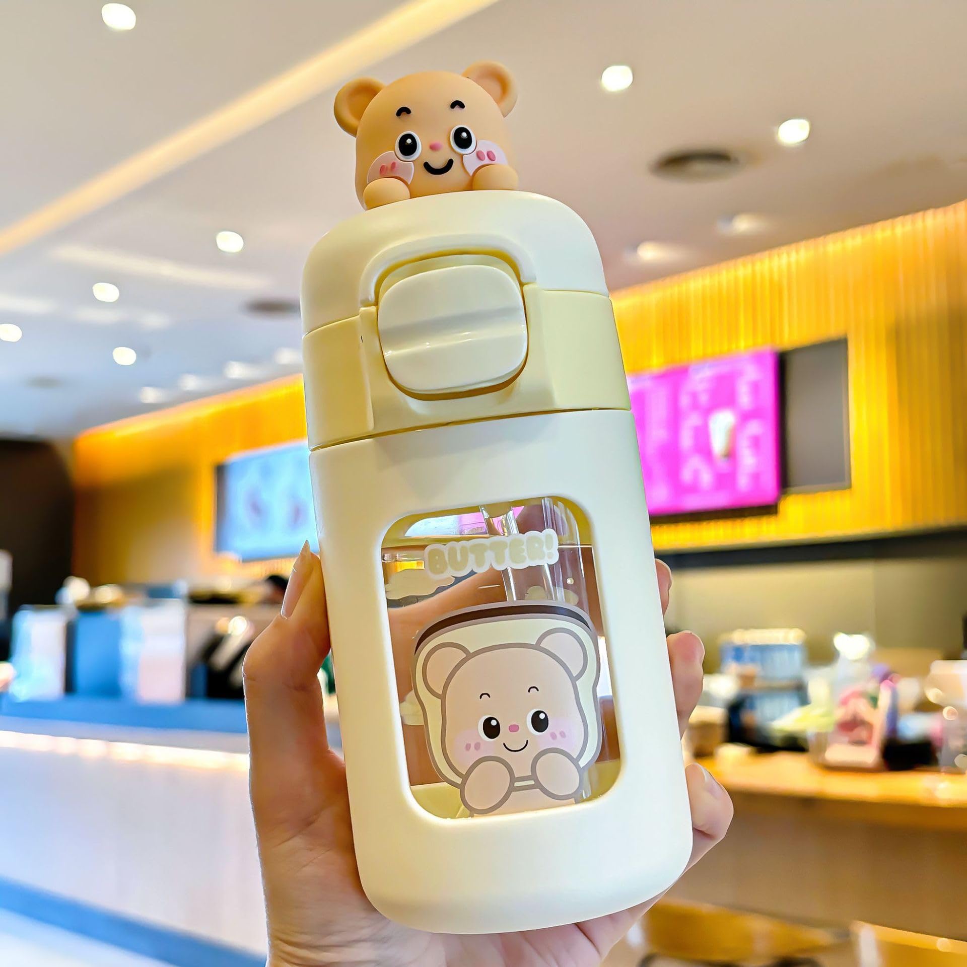 JHTPSLR Juminocore Small Water Bottle with Straw 11.16oz Cutecore Water Bottle Kidcore Aesthetic Water Bottles for Women Teen Girls School Work Travel Going Out Supplies (Yellow Bear)