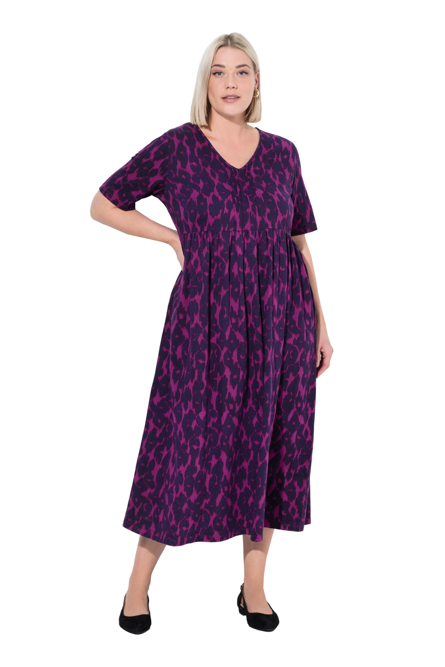 Ulla Popken Damen große Größen Übergrößen Plus Size Maxikleid, A-Linie, Biesen, V-Ausschnitt, Halbarm 838191