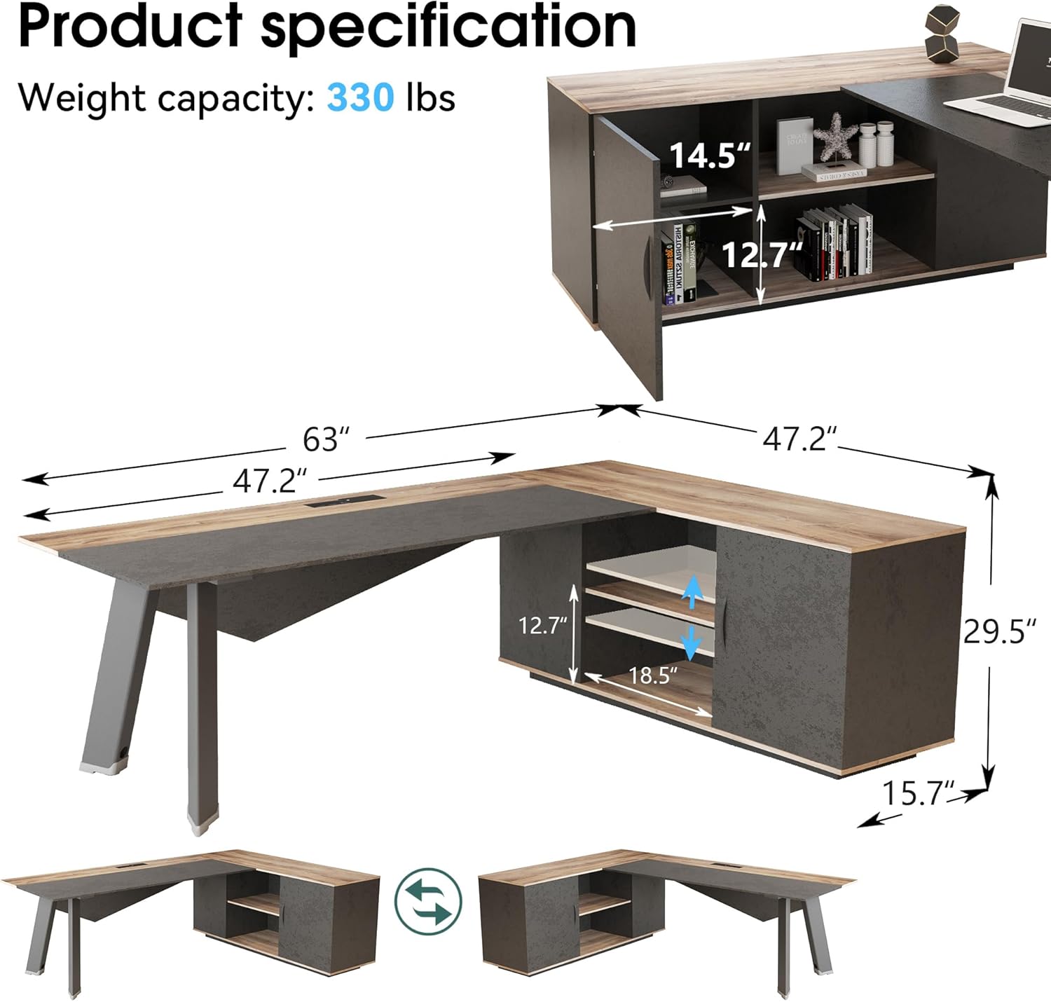 63 inches Executive Desk and 47" lateral File Cabinet, L-Shaped Desk with Storage Shelves and Doors, Modern Business Furniture Desk,Writing Table Computer Desk for Home Office, Brown and Black