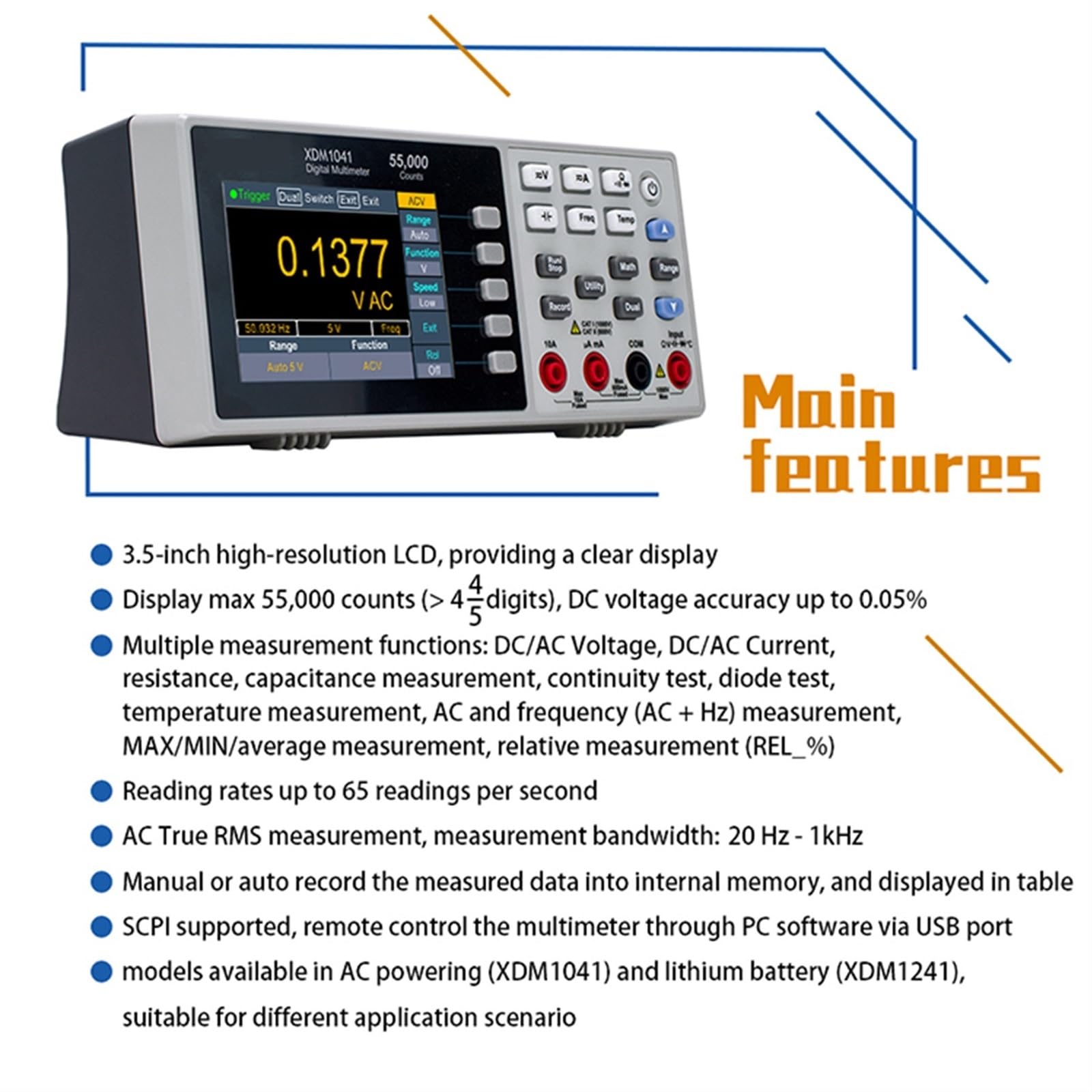 VCHICS XDM1041 XDM1241 Tisch-Digitalmultimeter 55000 Zählt True RMS 3,5-Zoll-LCD-Stromvoltmeter Temperatur Desktop-Multimeter Für Elektroprojekte(XDM1241-USB)