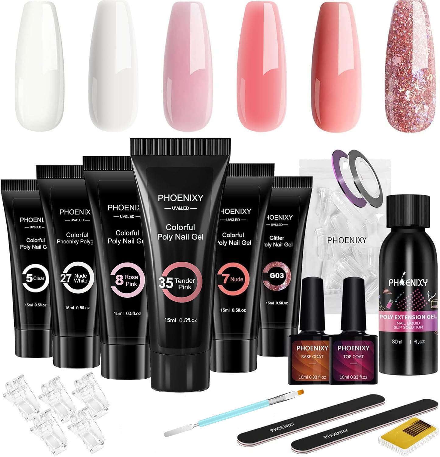 Phoenixy Poly Nail Gel Kit, 6 Colour Poly Nail Gels Set 15ML Clear Nude Pink Builder Nails Gel Nail Extension Basic Gifts Kits for Women