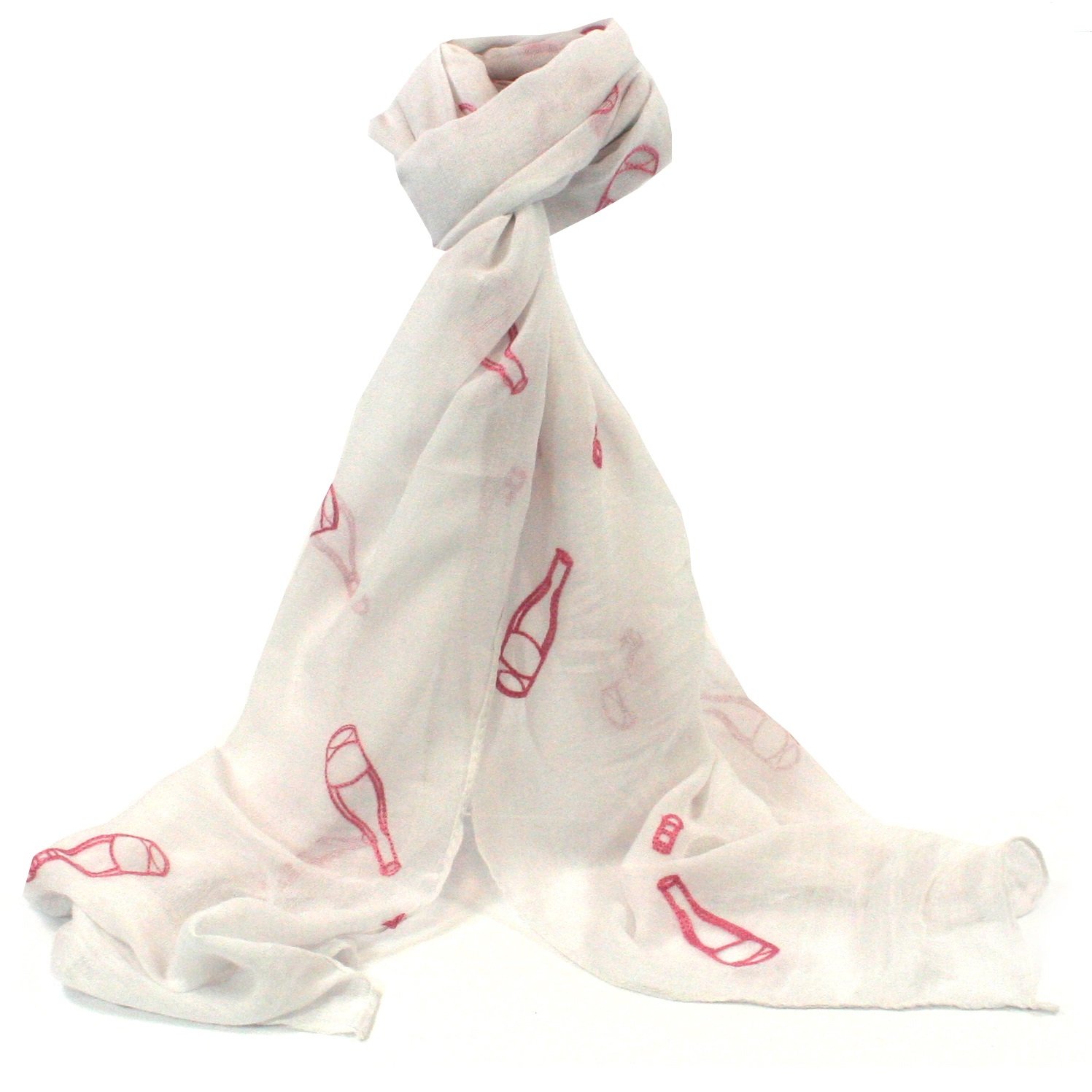 Bg Women's White & Pink Lilyrosa® White Scarf Prosecco Champagne Bottle Embroidered Grey Scarves Shawl Wrap (White & Pink)