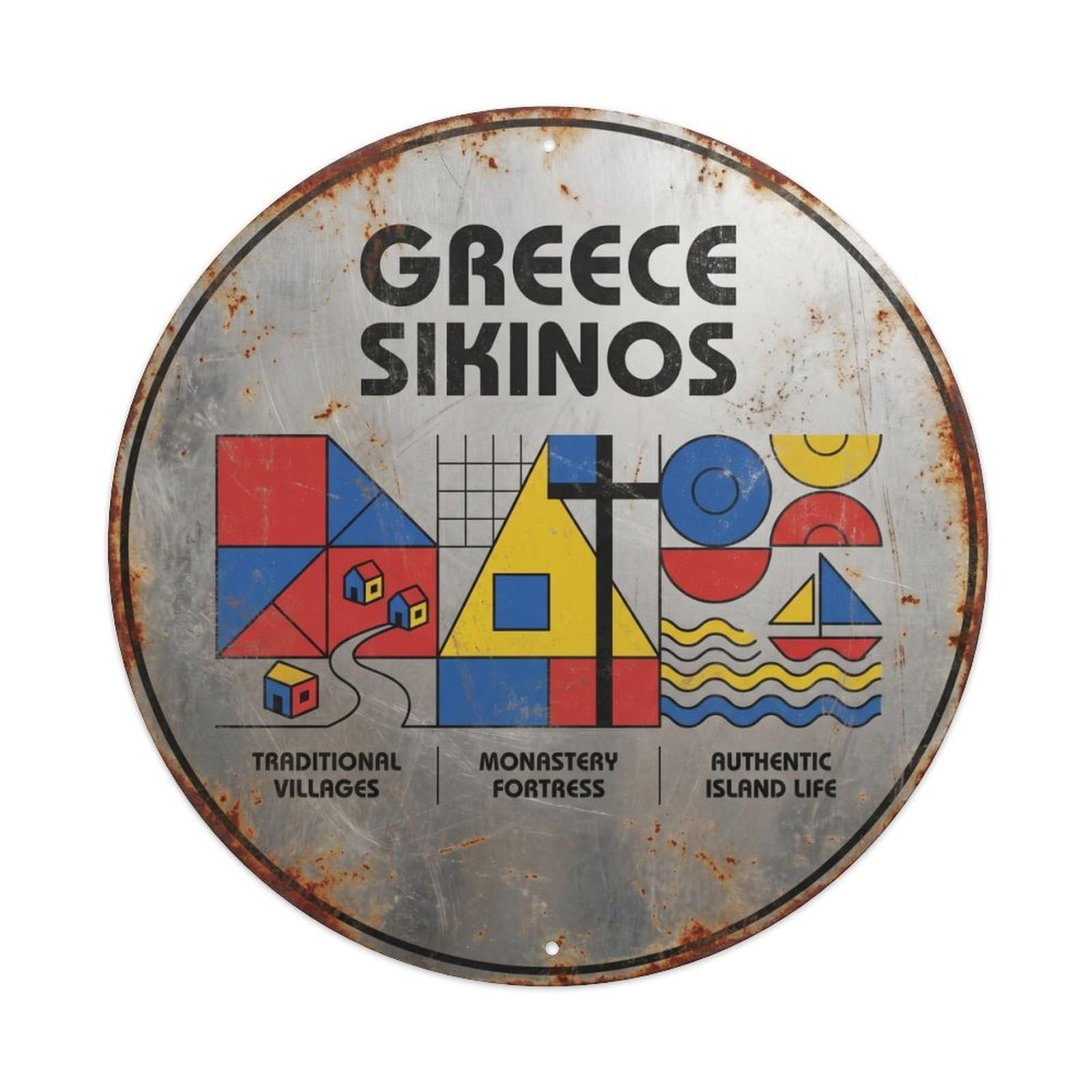 Sikinos Traditional Greek Geometric Classic Scenery Metal Tin Sign Plaque Wall Decor for Cafe, Man Cave, Club Bar, Office, Home Garden Round Metal Poster 8x8Inch
