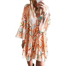 miduo Womens Summer Dress Casual V Neck Buttoned 3/4 Sleeve Bohemian Tribal Print Flowy Mini Dresses