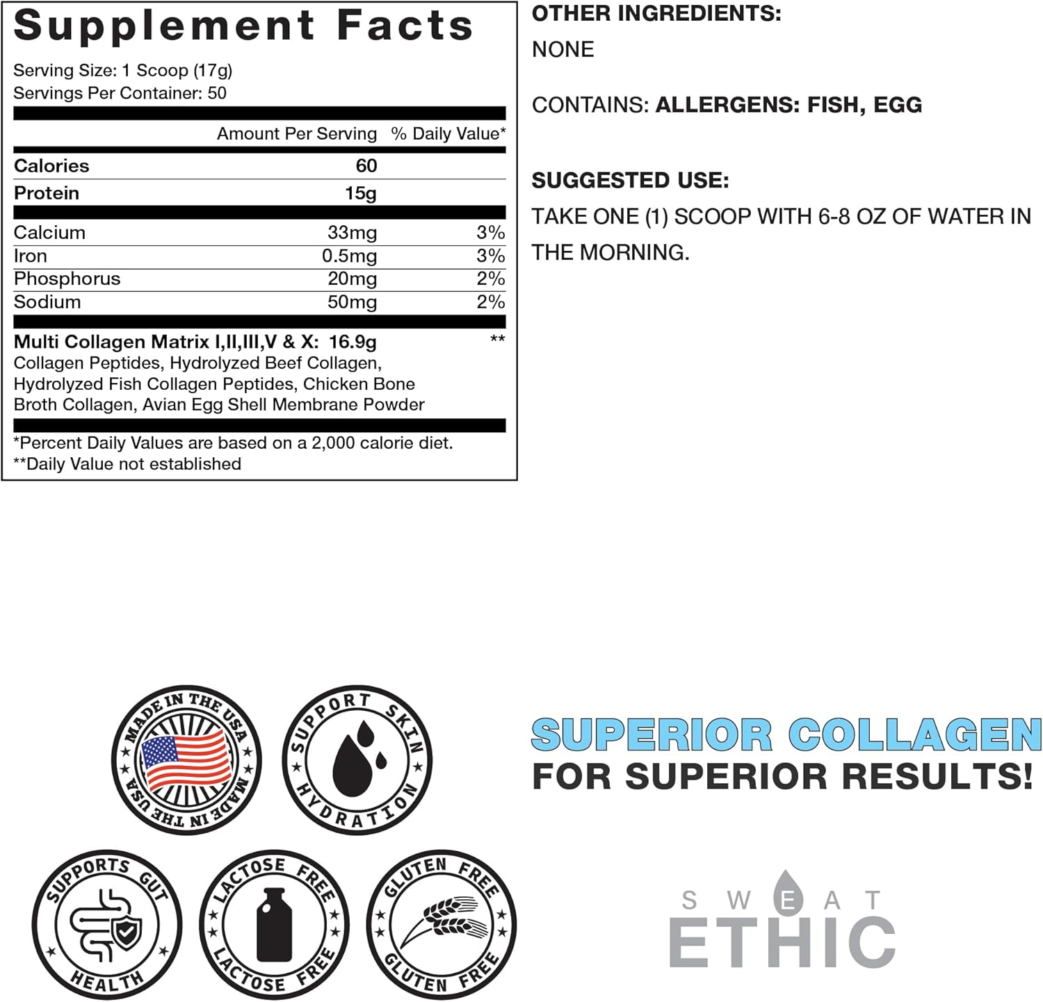 Sweat Ethic Multi Source Collagen, Unflavored Collagen Peptides Powder, Hydrolyzed Collagen Protein with 5 Types from Natural Sources, 60 Calories, Gluten Free, Non GMO, 50 Servings
