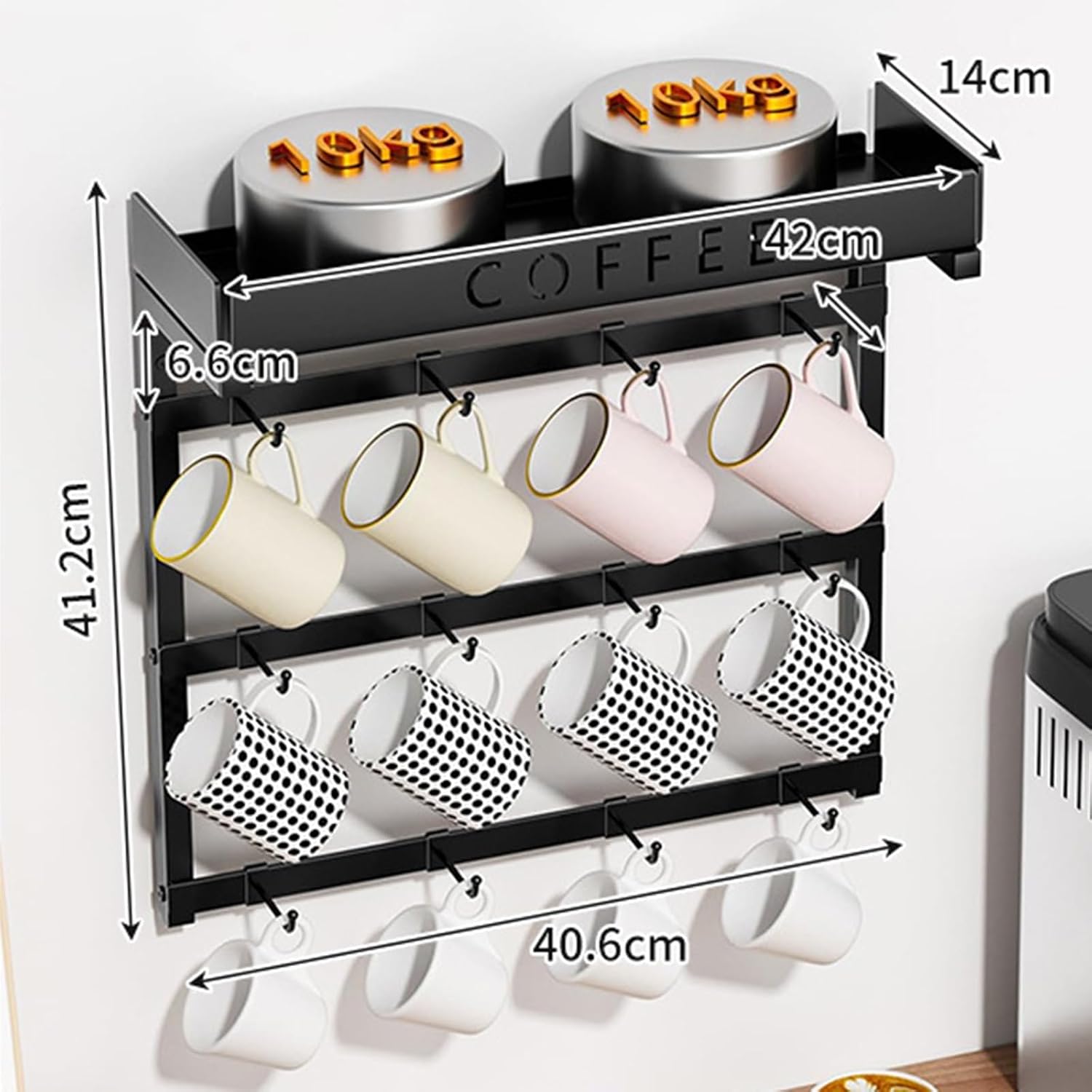 Coffee Mug Holder Rack Wall Mounted, 12 Hooks, Upper Basket Storage Shelf Pods Sugar Bags Cup for Home Kitchen Display and Collection