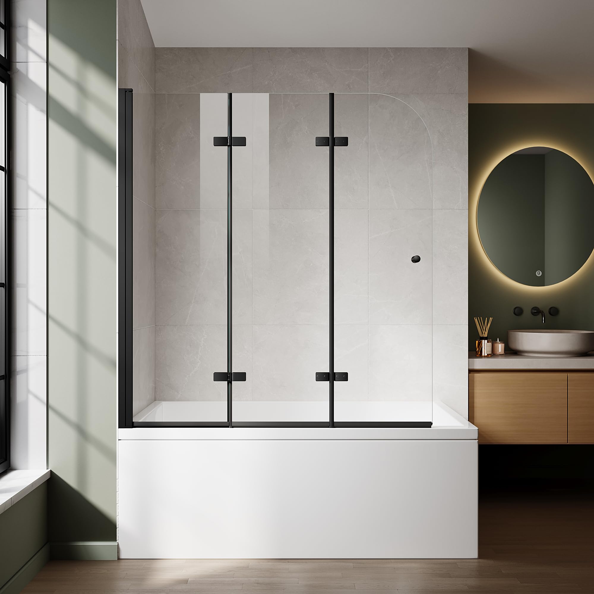 Photo 1 of Bathtub Shower Door, 51-51.6 in. W × 59 in. H Tub Shower Door, 1/4" (6mm) Clear Tempered Glass, Tri-Fold 180° Swing Glass Panel with Easy-Clean Coating (Matte Black, 51"x59")