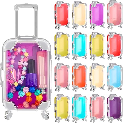 Juexica Paquete de 18 pestañas postizas caja de embalaje de plástico mini maleta, cajas de pestañas vacías con ruedas, caja de dulces en miniatura