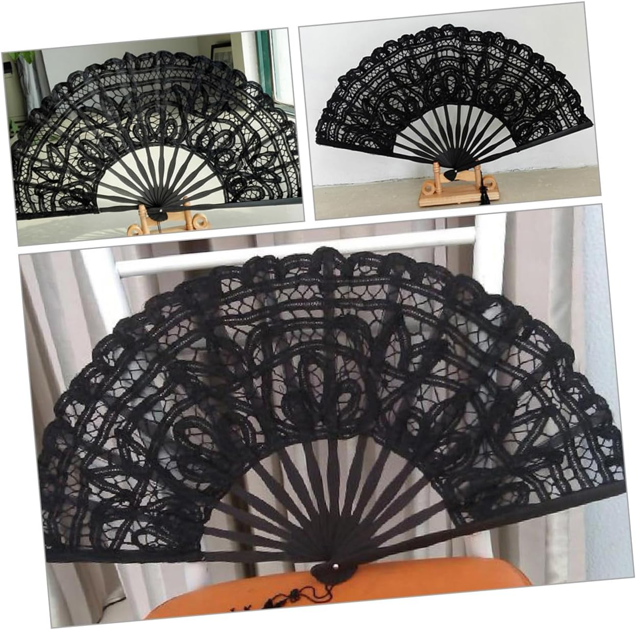 2pcs Vintage Lace Hand Fans Folding Handheld Fans with Ribs Black 27cm for Wedding Dance Party Accessories