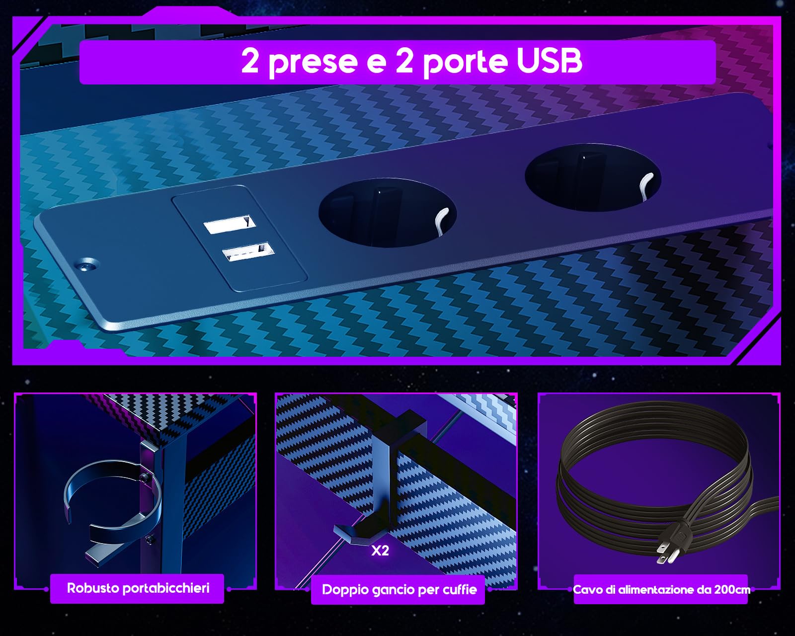 ODK Scrivania Gaming con LED, Scrivania Gaming Angolare con Prese e Porte USB, Supporto per Monitor, Nero Fibra di Carbonio, 129x129 cm