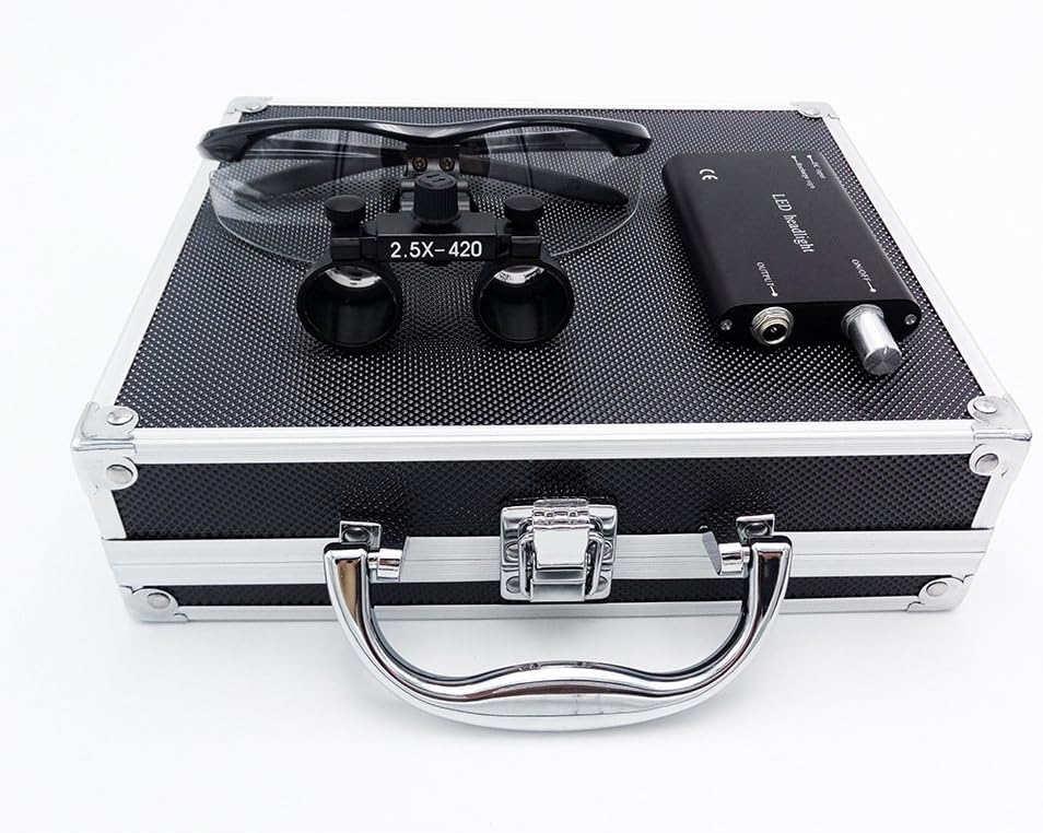 Surgical Medical Binocular Loupes 2.5×420mm Optical Glasses with 3W LED Headlight Lamp + Aluminum Box (Black)