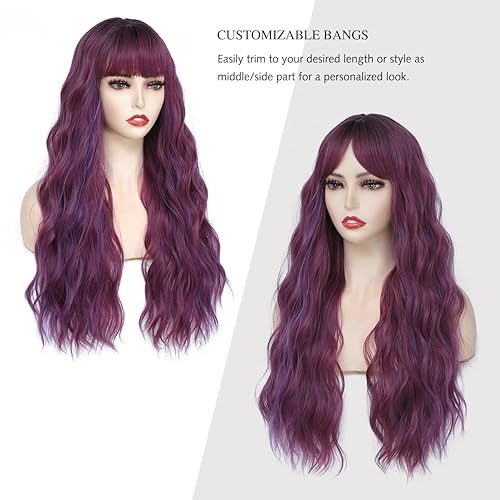 Miniatura 19 de Rose bud Long Curly Wavy Haze Green Wig with Fringe Adjustable 24 Inch Synthetic Cosplay Daily Hair Wigs for Women