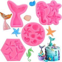 GOTRUST Mermaid Silicone Cake Moulds, DIY Marine Theme Fondant Mould Set | 4PCS 3D Mermaid Tail Baking Molds, Marine Animals Seashell Candy Mold for Chocolate Cupcake Decorations