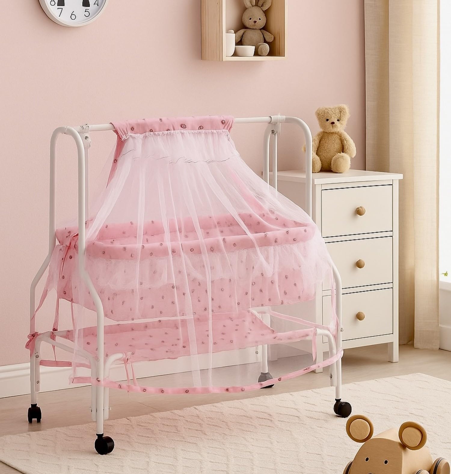 Amazon Brand - Supples Baby Cradle with Swing & Mosquito Net | 0-8 Months| Four Wheels with Brake | Swing Lock & Storage | Sturdy & Safe | Polypropylene/Mild Steel | Pink