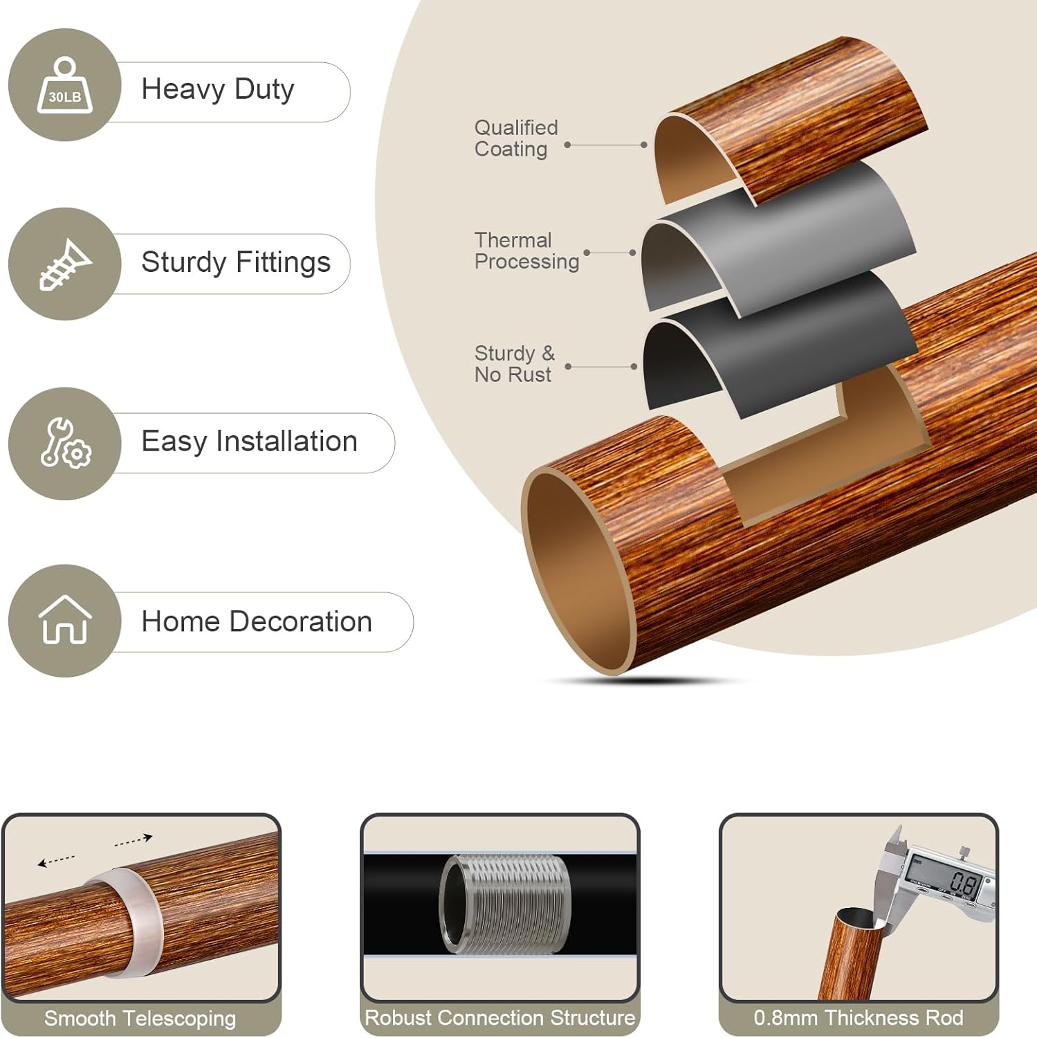 2 Pack Reddish-Brown Wood Curtain Rods for Windows 28 to 48 Inch, 1'' Adjustable Heavy Duty Curtain Rod，Vintage Imitation Wood Decorative Drapery Rods with Pumpkin Finials for Living Room