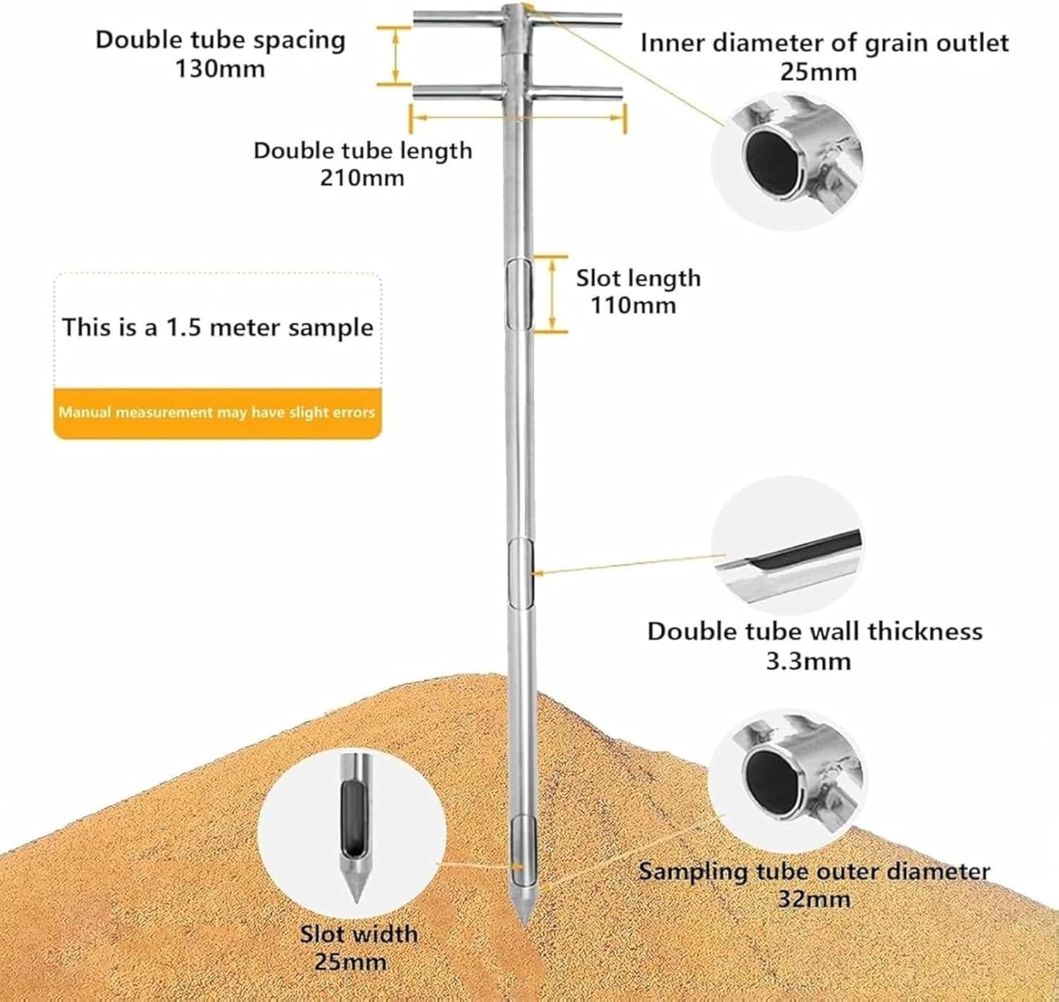 Grain Probe Sampler, Soil Probe Tube for Agricultural Sampling, Ideal for Measuring Grain Size of Various Crops, Diameter: 32mm, Length: 1 Meters