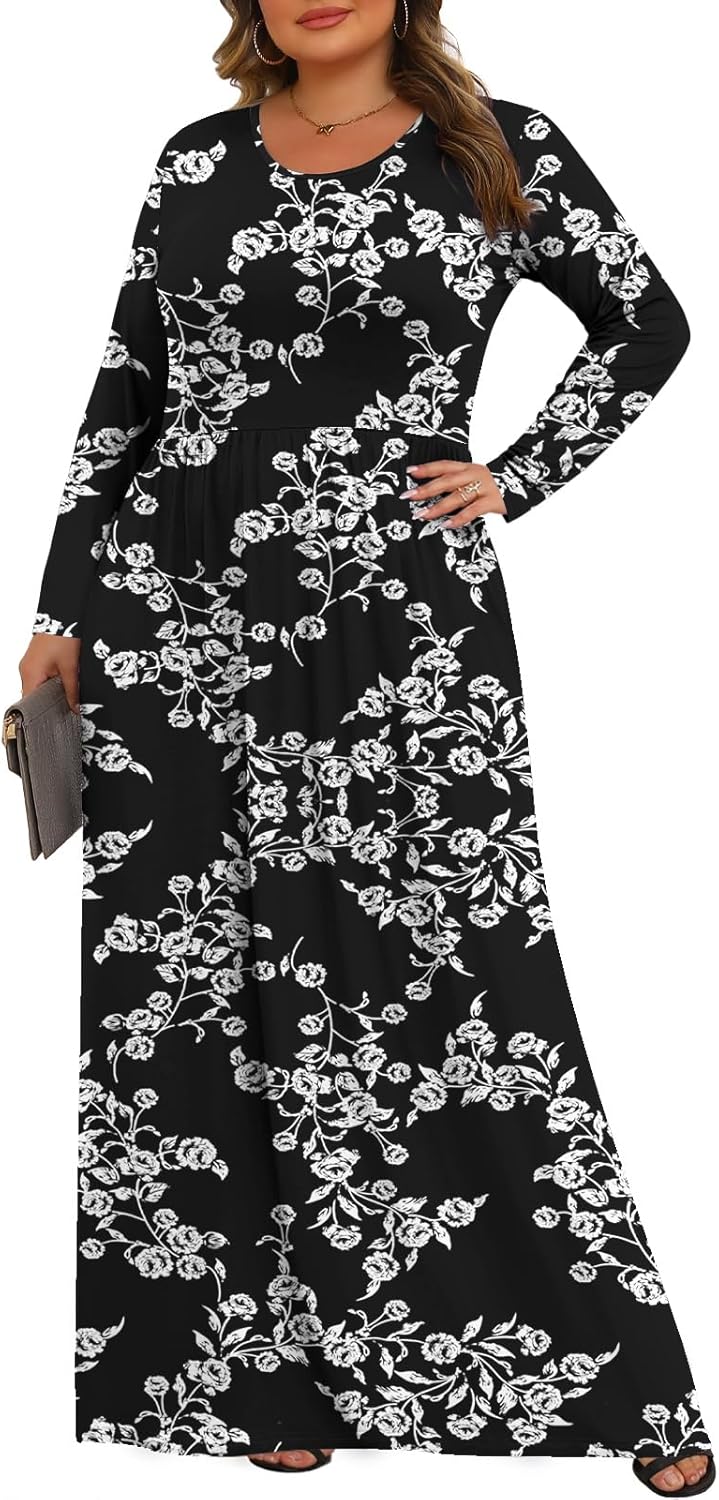Tencede Womens Plus Size Maxi Dresses Long Sleeve with Pockets Casual Long Dress 1X-5X - Image 2