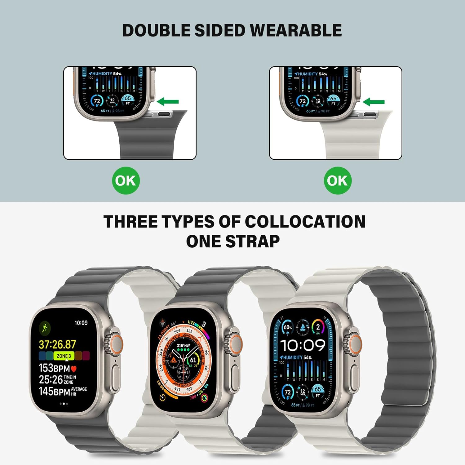 Compatible with Apple Watch Band 49 46 45 44 42 41 40 38mm, Double Sided Wearable Silicone Magnetic Strap for iWatch Ultra SE Series 11 10 9 8 7 6 5 4 3 2 1 (42/44/45/46/49, Beige/Gray) - Image 3