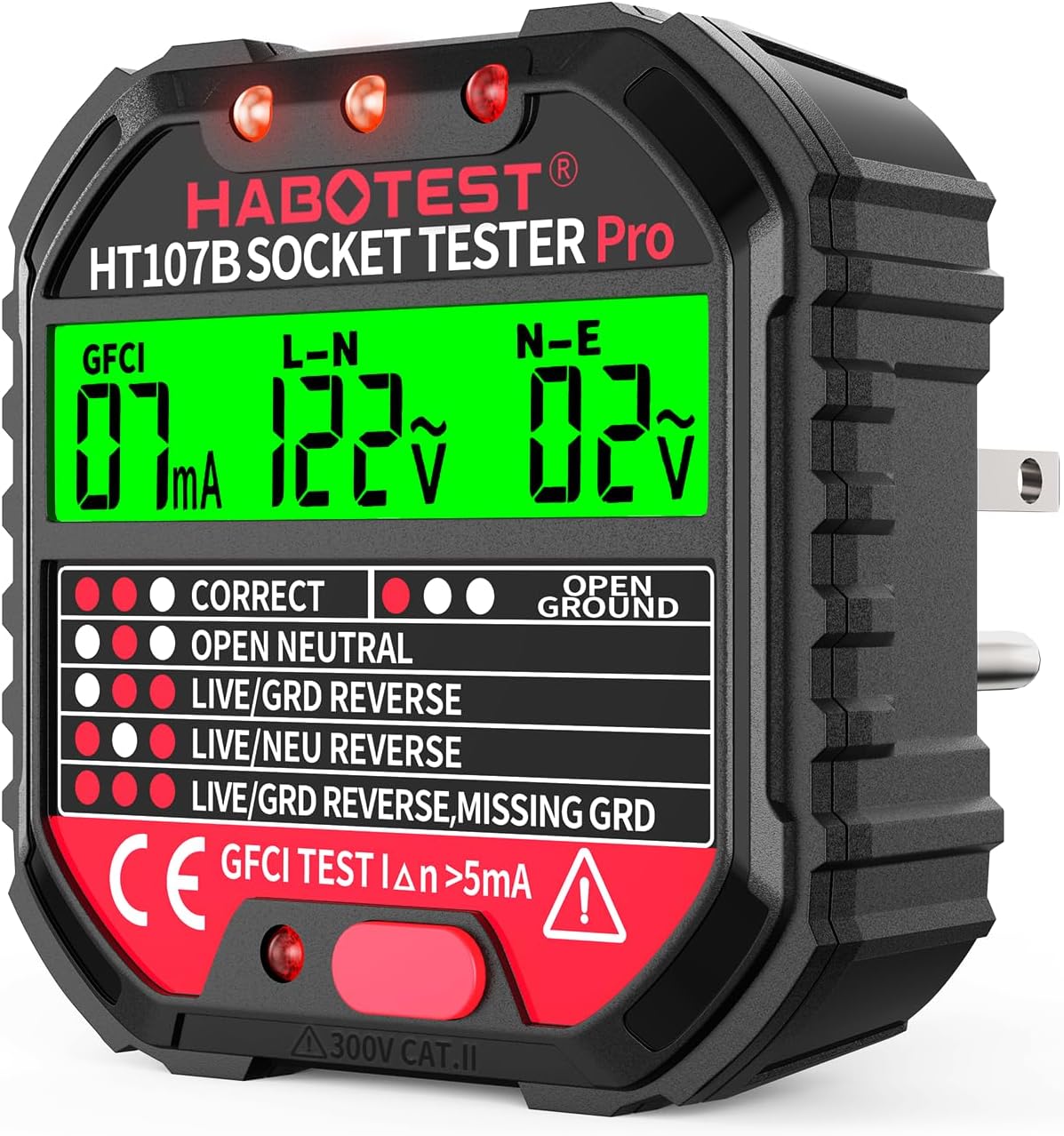 Outlet Tester Electrical GFCI Receptacle Detector with LCD Display, 90-250V Power Socket Tester, Circuit Polarity Voltage Detector, Plug Tester Breaker Finder 6 Visual Indication CAT II 300V (US Plug)