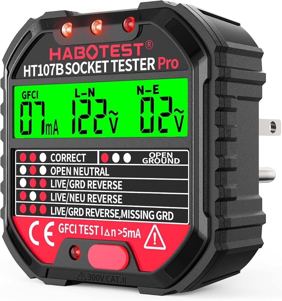 Outlet Tester Electrical GFCI Receptacle Detector with LCD Display, 90-250V Power Socket Tester, Circuit Polarity Voltage Detector, Plug Tester Breaker Finder 6 Visual Indication CAT II 300V (US Plug)