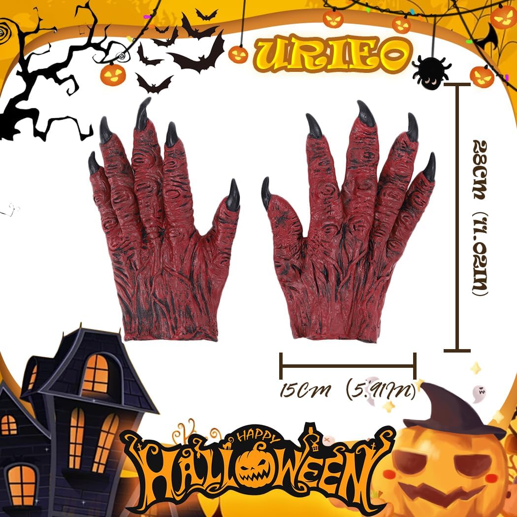 Urieo Halloween Costume Gloves Red Horror Zombie Hands Tricks Cosplay Party Props Monster Glove for Adults