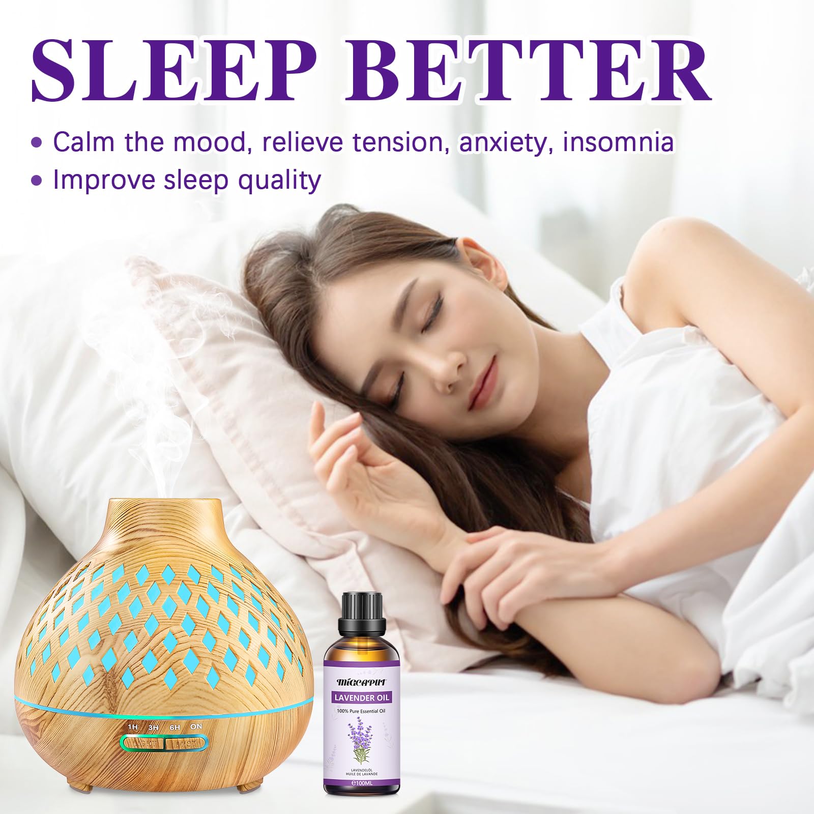 MIGCAPUT Olio Essenziale di Lavanda 100ML, Olio di Lavanda di Grado Terapeutico, 100% Naturale Oli Essenziali di Aromaterapia per Diffusori, Umidificatore, Massaggi, Relax, Aiutare a Dormire