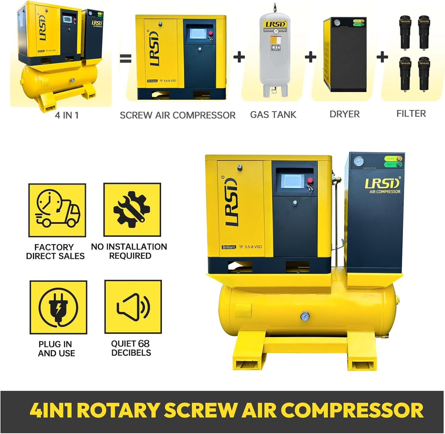 4-in-1 Variable Frequency Rotary Screw Air Compressor 5.5KW 7.5HP 230V 3Ph 29CFM, Screw Air Compressor with Dryer, Air Tank & Filter for Workshop & Factory TF5.5-8
