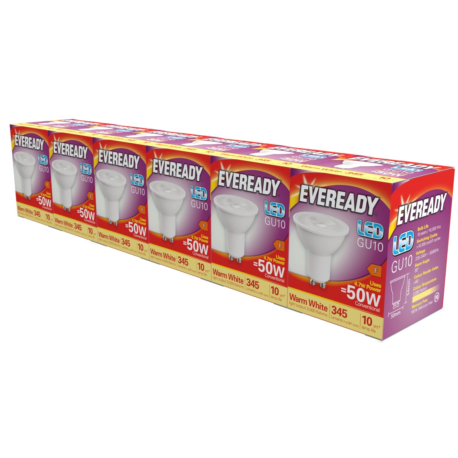 Eveready GU10 LED Bulb 4.7W Replaces 50W Warm White (3000k) 345 Lumens Non-Dimmable Spotlight. Pack of 6 Bulbs.