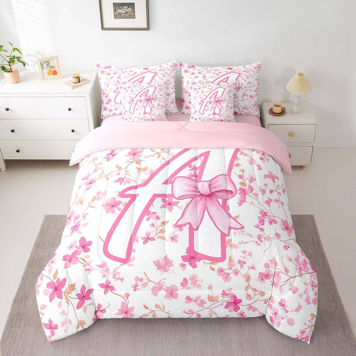 Feelyou Girls Cute Pink Bowknot Comforter Set with Sheets Coquette Bow 7 Piece Bedding Set Full Size for Kids Girls Personalized Letter A Room Decor Bed in a Bag